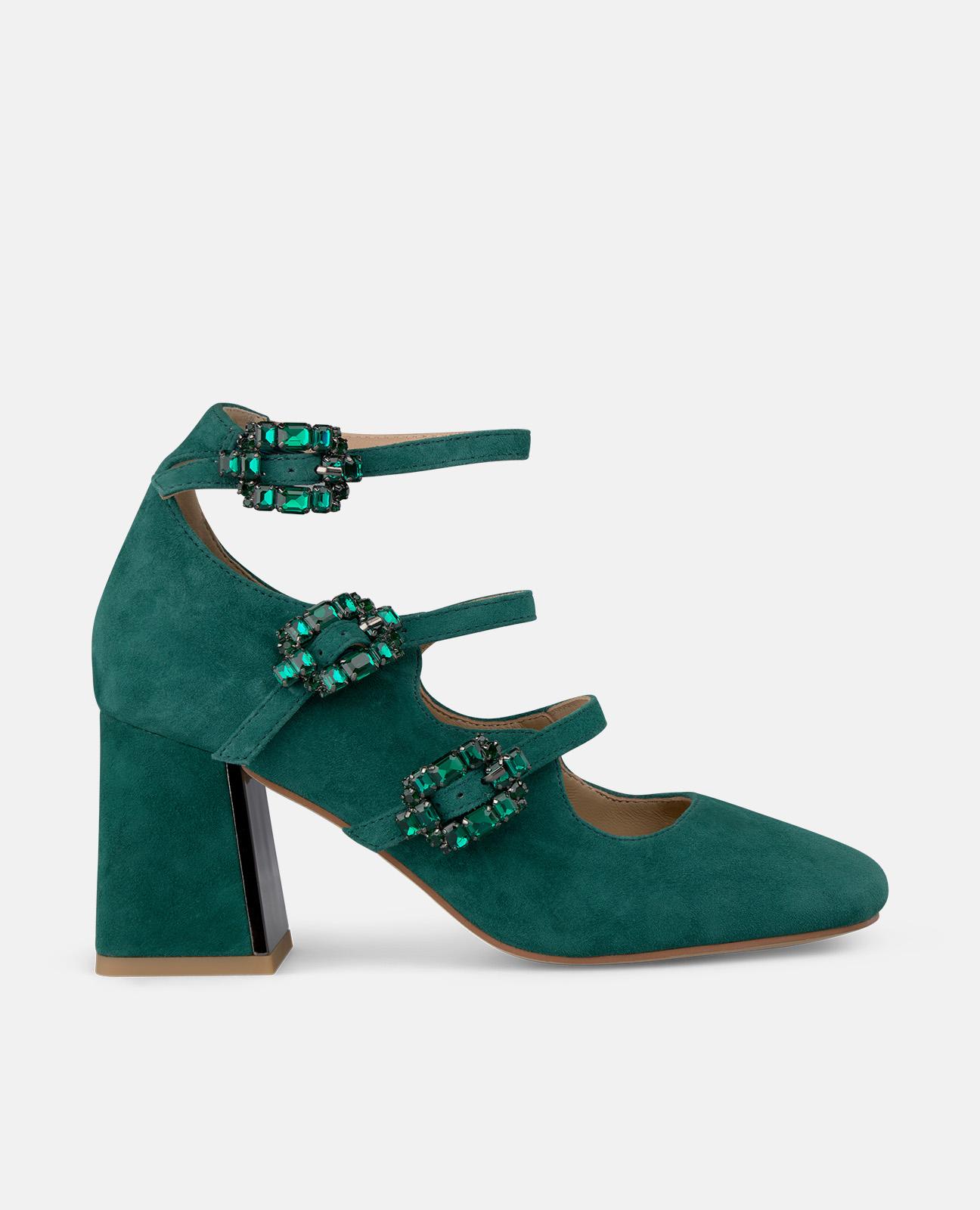 Alma en Pena - Zapatos de salón de mujer con hebillas joya y puntera cuadrada.
