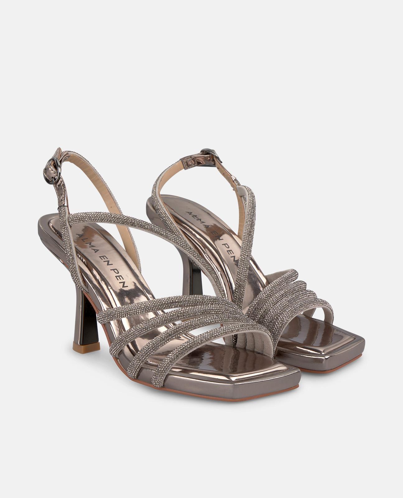 Sandalias de tacón de mujer con tiras de pedrería y hebilla - Alma en Pena - Plata Plata-3