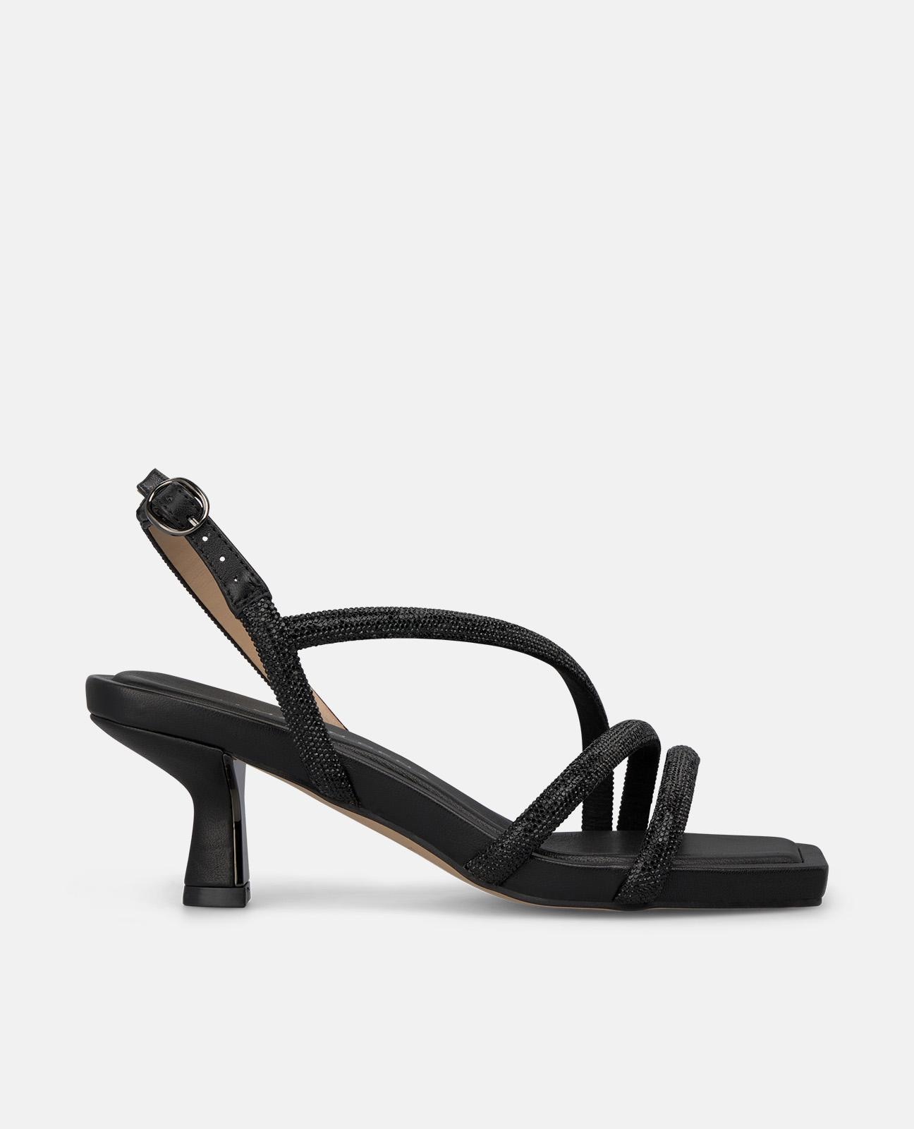 Sandalias de tacón de mujer con tiras cubiertas de pedrería y hebilla - Alma en Pena - Negro Negro-1