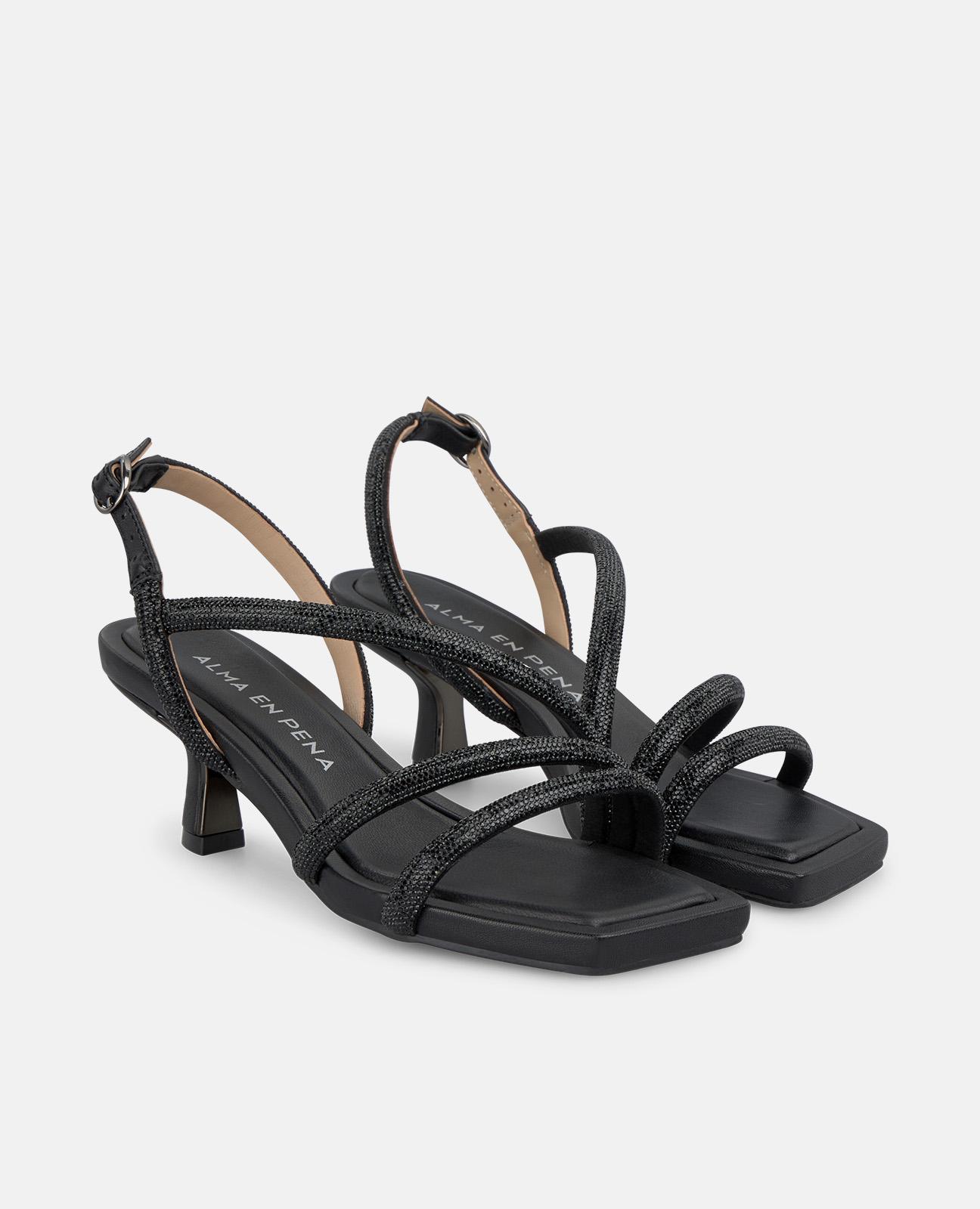 Sandalias de tacón de mujer con tiras cubiertas de pedrería y hebilla - Alma en Pena - Negro Negro-3