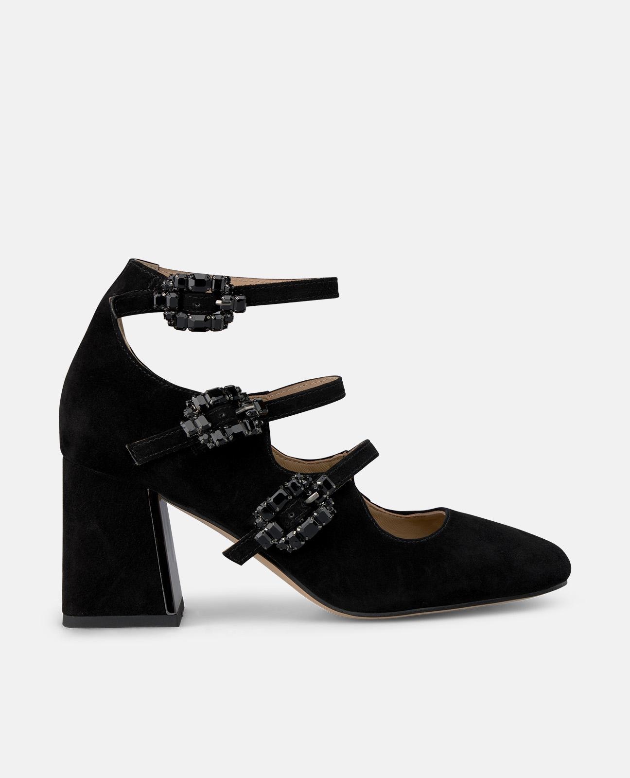 Zapatos de salón de mujer con hebillas joya y puntera cuadrada - Negro Negro-1