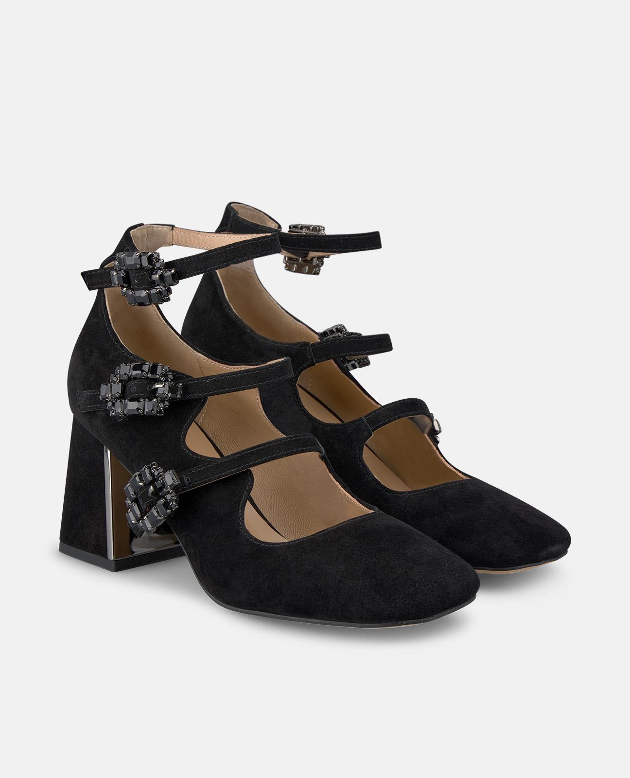Zapatos de salón de mujer con hebillas joya y puntera cuadrada - Negro Negro-3