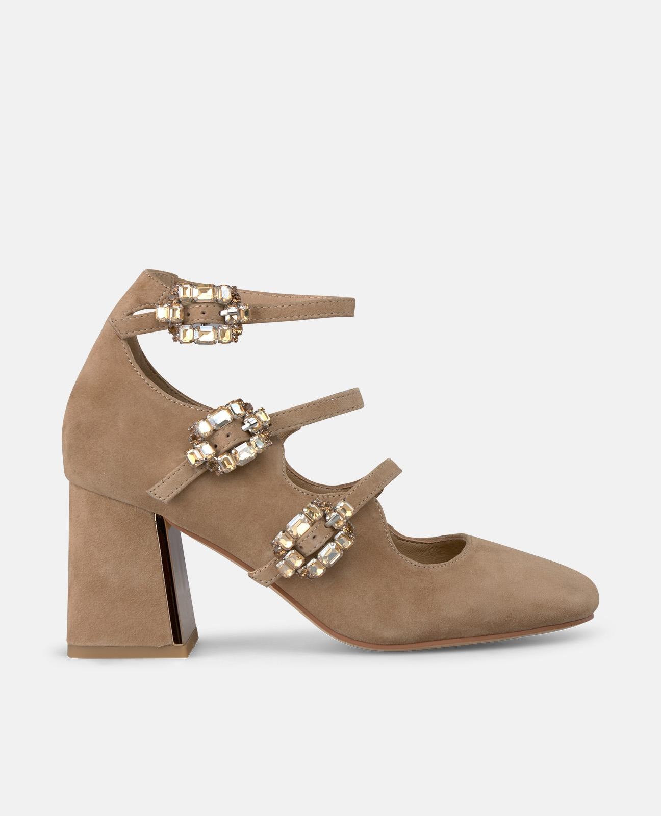 Zapatos de salón de mujer con hebillas joya y puntera cuadrada - Camel Camel-1