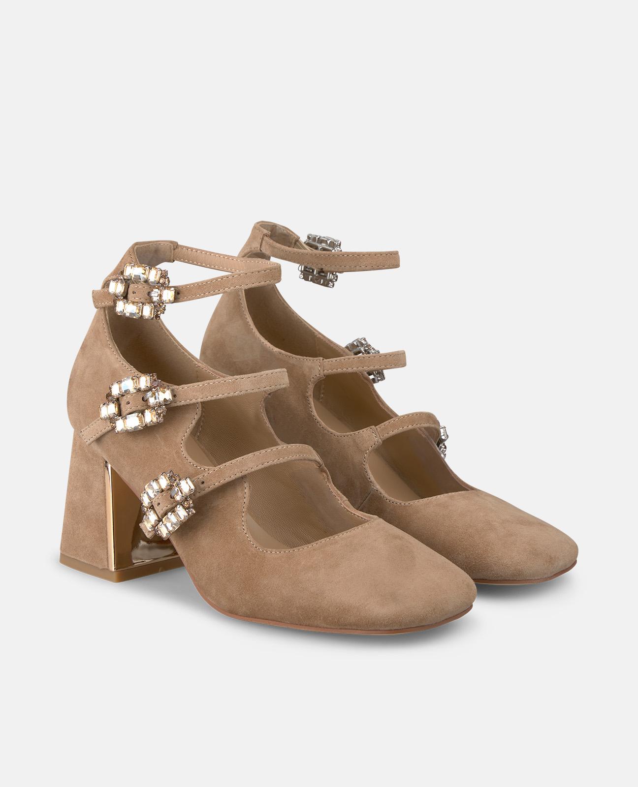 Zapatos de salón de mujer con hebillas joya y puntera cuadrada - Camel Camel-3