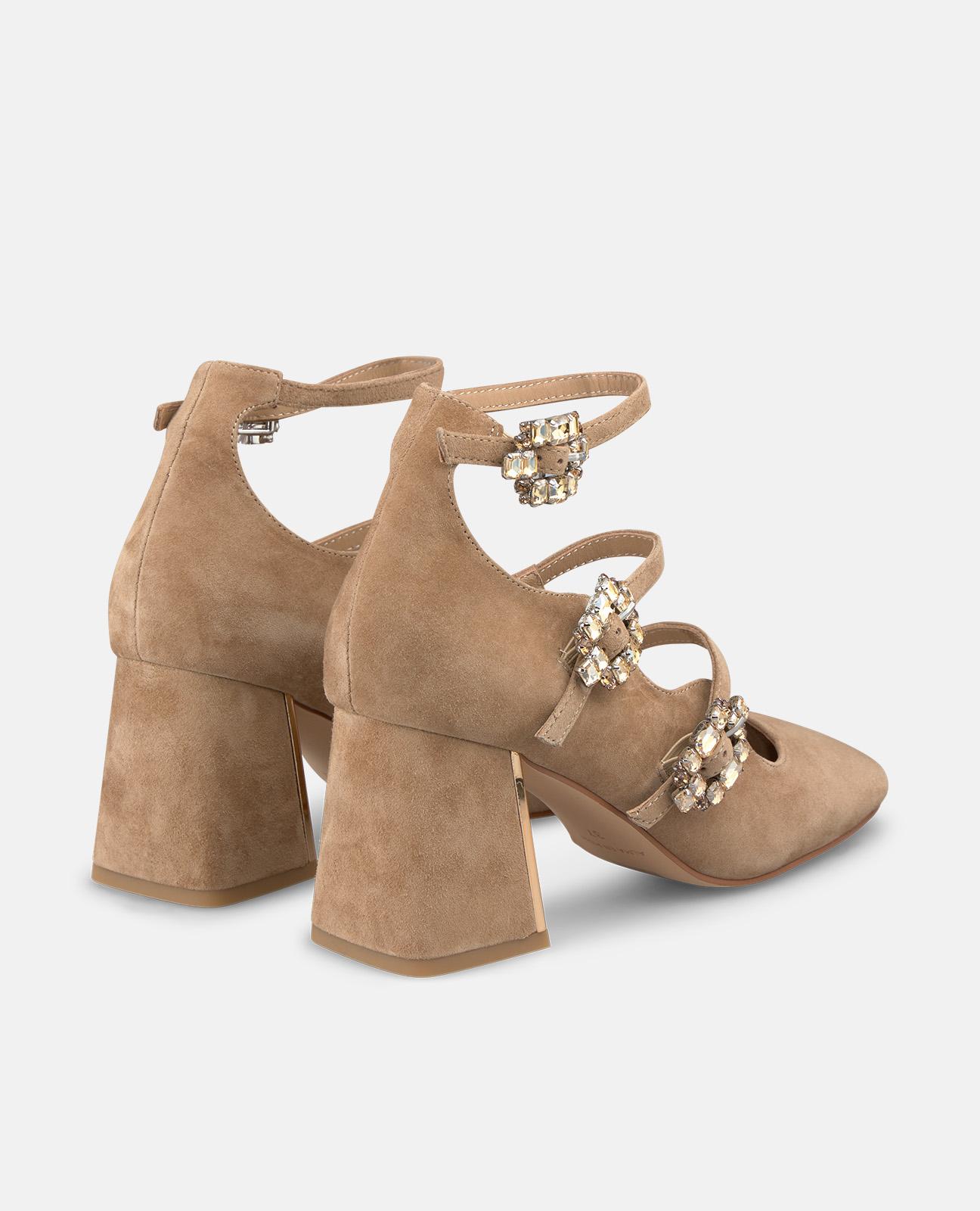Zapatos de salón de mujer con hebillas joya y puntera cuadrada - Camel Camel-2