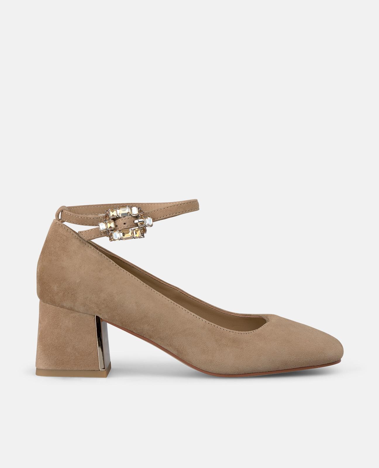 Zapatos de salón de mujer con hebilla joya y puntera cuadrada - Camel Camel-1