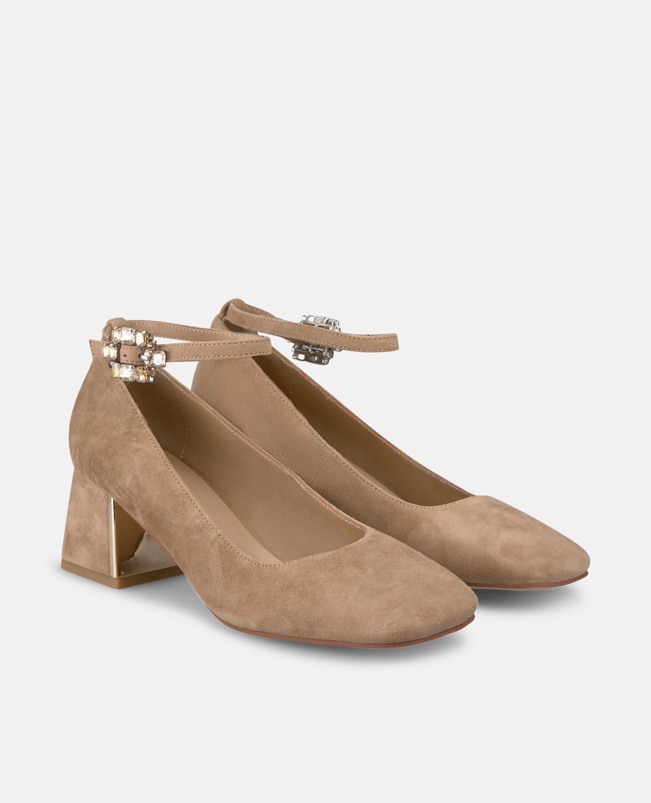 Zapatos de salón de mujer con hebilla joya y puntera cuadrada - Camel Camel-3