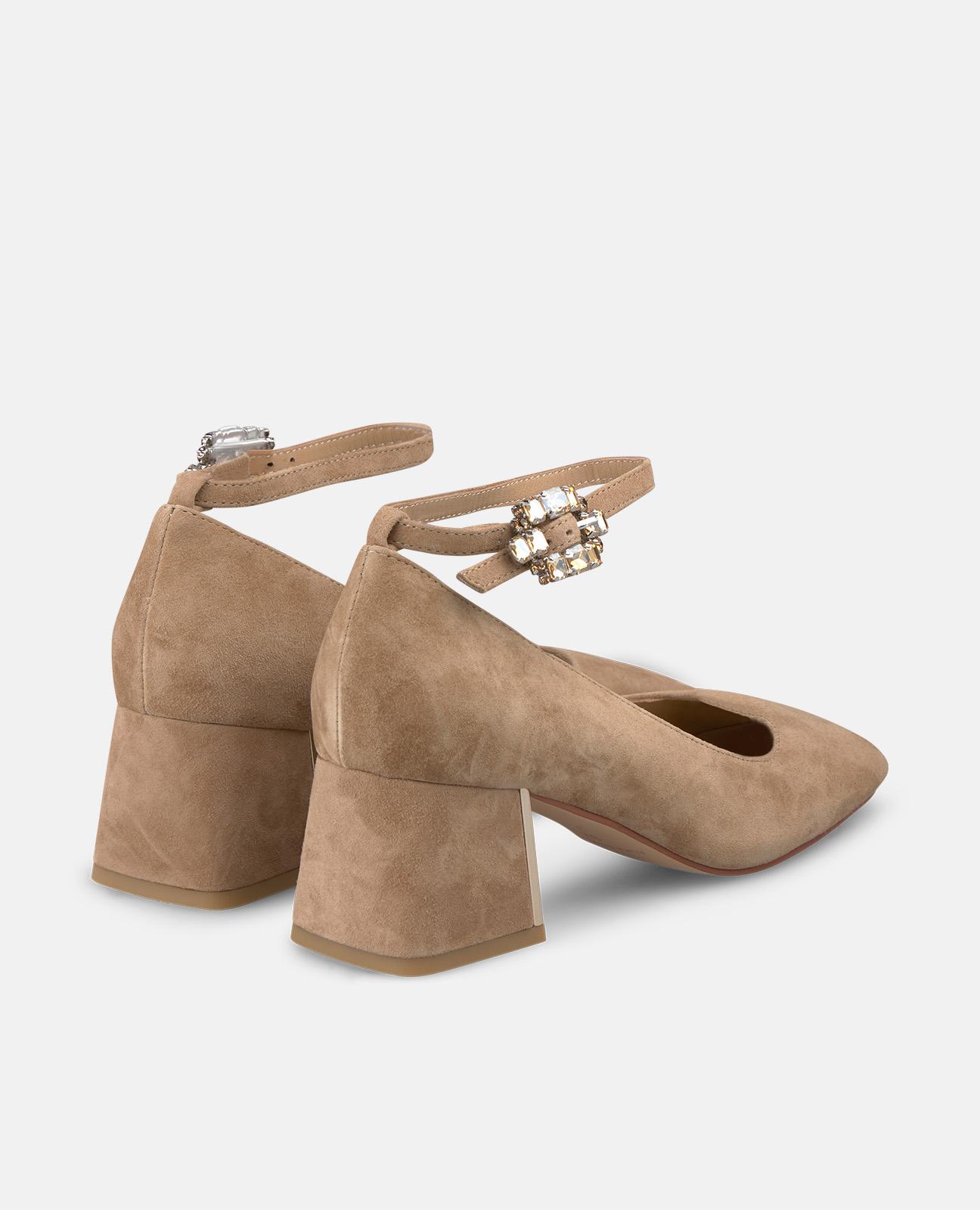 Zapatos de salón de mujer con hebilla joya y puntera cuadrada - Camel Camel-2
