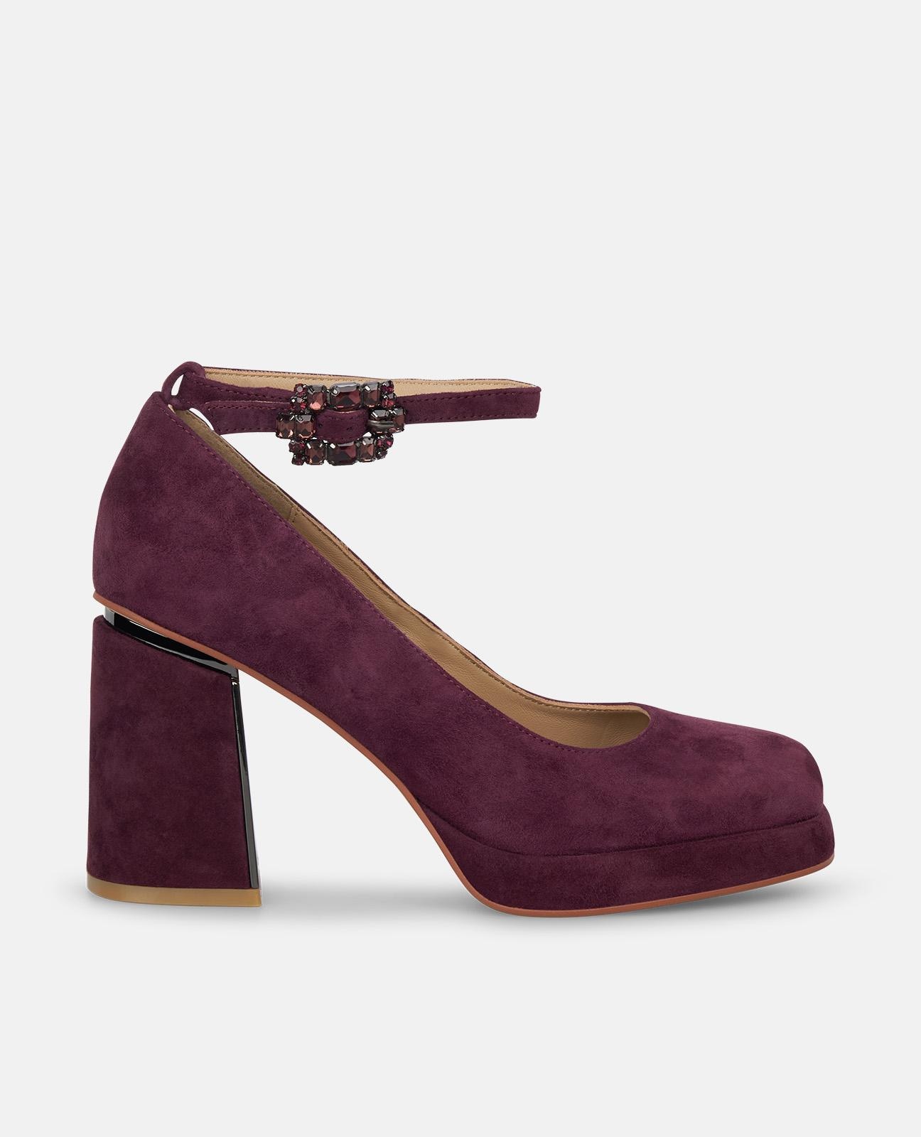 Zapatos de salón de mujer tacón ancho y hebilla de pedrería - Alma en Pena - Burdeos Burdeos-1
