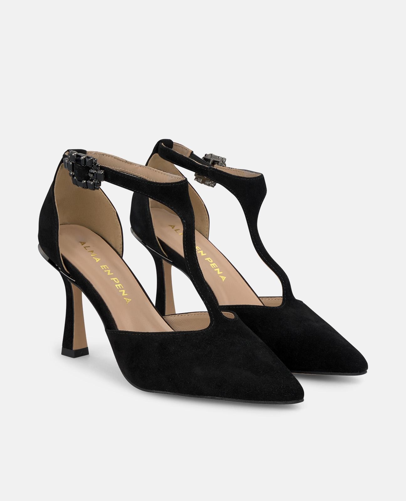 Zapatos de salón de mujer con detalles de pedrería en la hebilla y puntera afilada - Alma en Pena - Negro Negro-3
