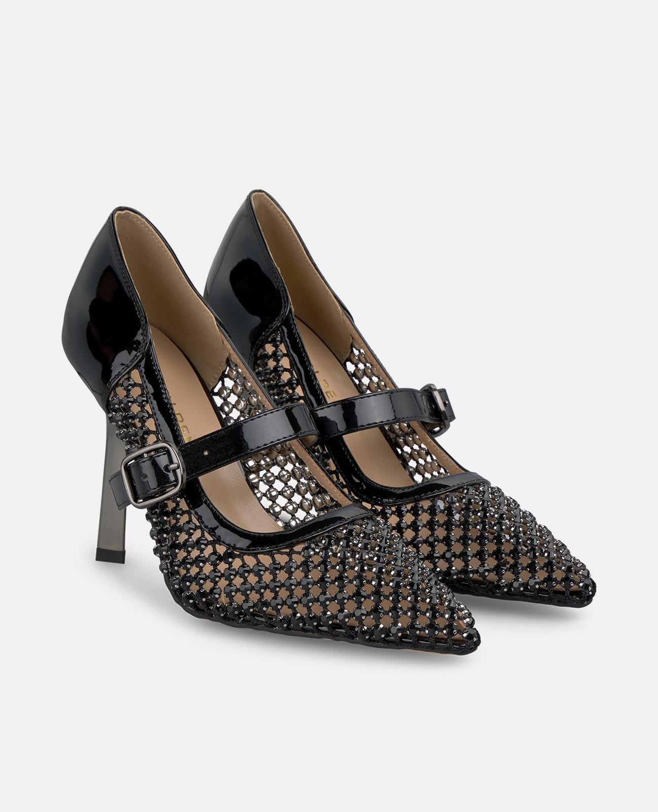 Zapatos de salón de mujer de rejilla con pedrería - Alma en Pena - Negro Negro-3