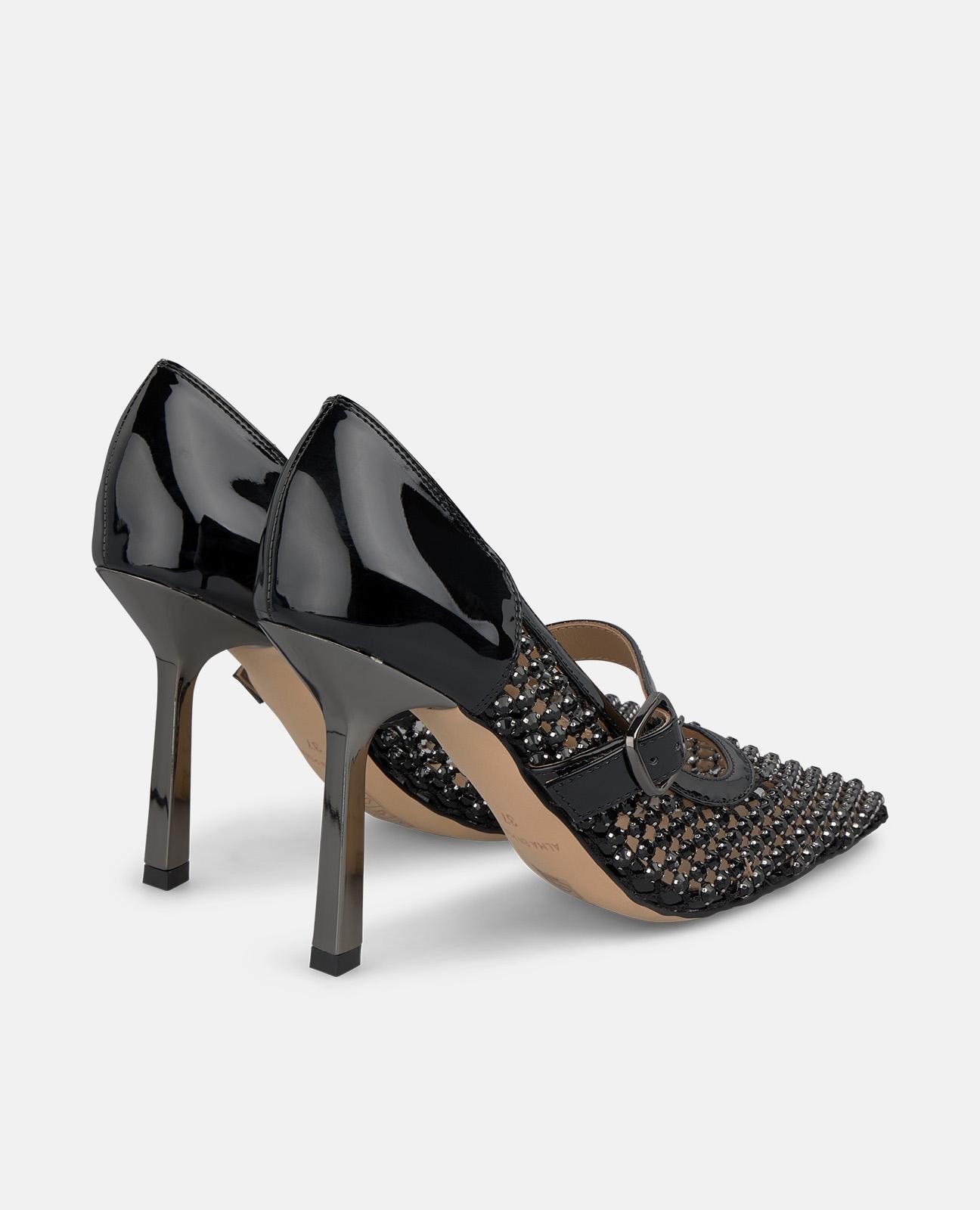 Zapatos de salón de mujer de rejilla con pedrería - Alma en Pena - Negro Negro-2