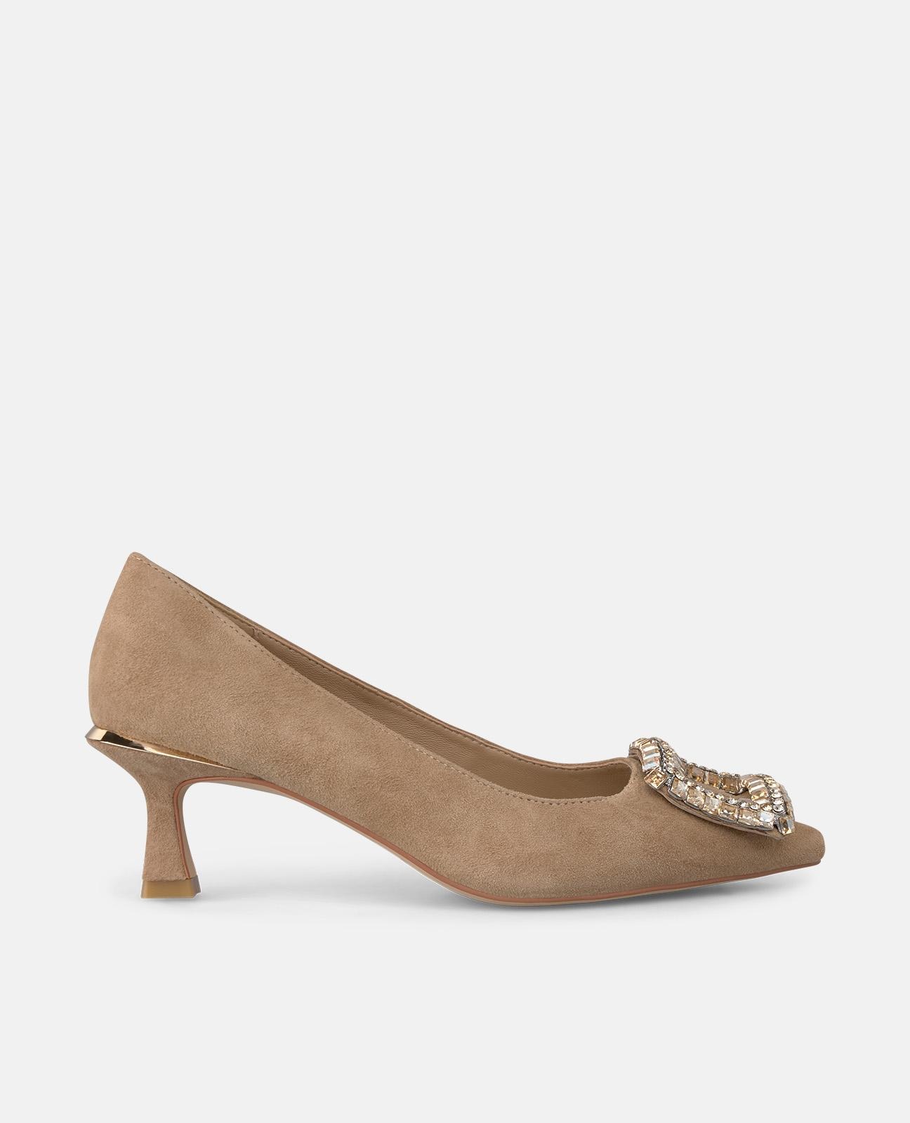 Zapatos de salón de mujer con broche cuadrado de pedrería y puntera afilada - Camel Camel-1