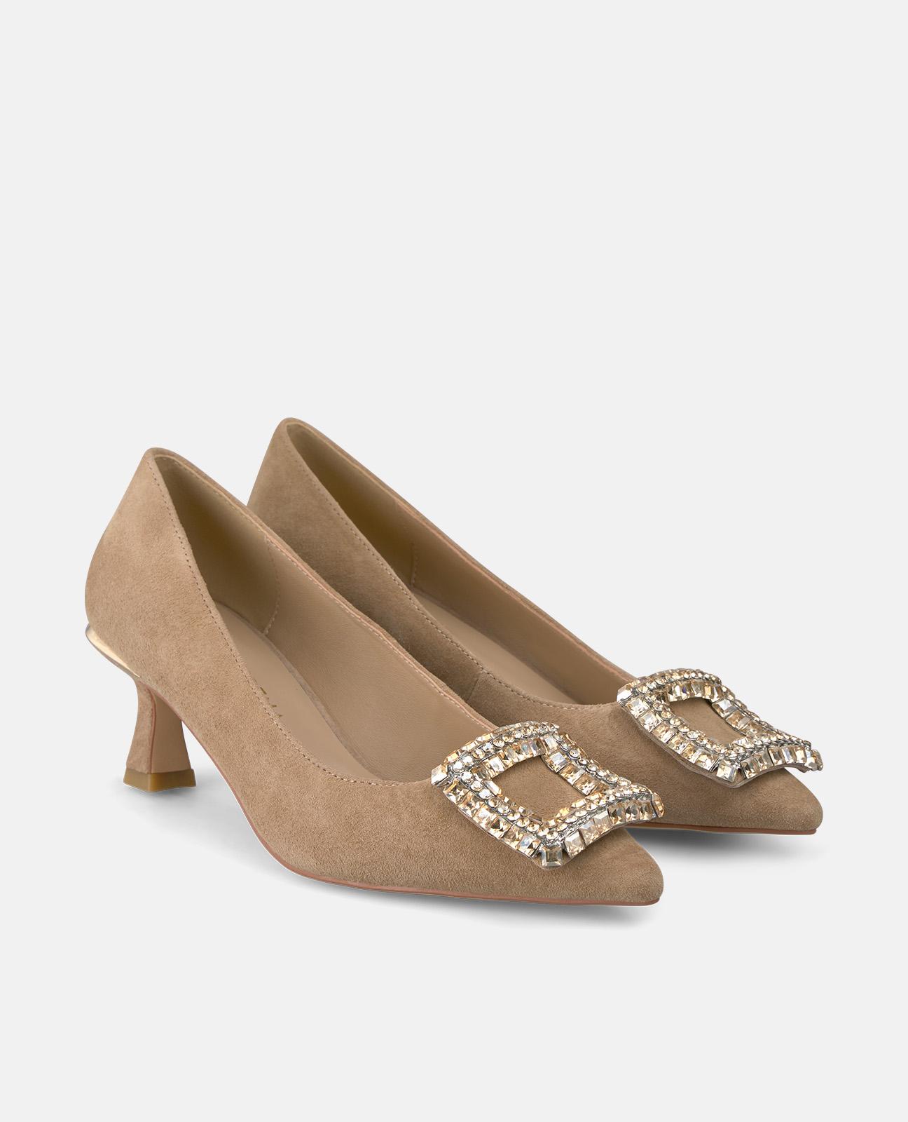 Zapatos de salón de mujer con broche cuadrado de pedrería y puntera afilada - Camel Camel-3
