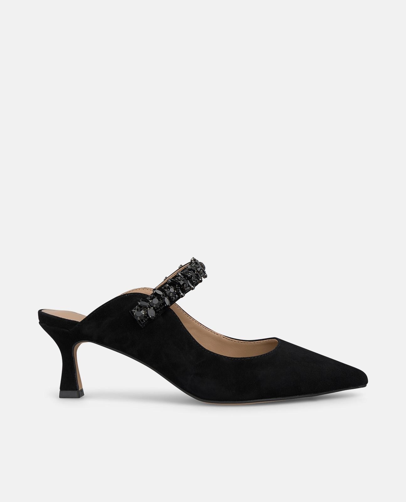 Alma en Pena - Zapatos de salón de mujer destalonados con tira de pedrería y puntera afilada.