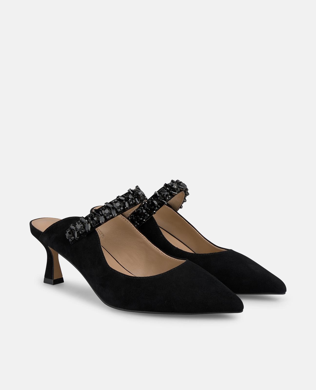 Zapatos de salón de mujer destalonados con tira de pedrería y puntera afilada - Negro Negro-3