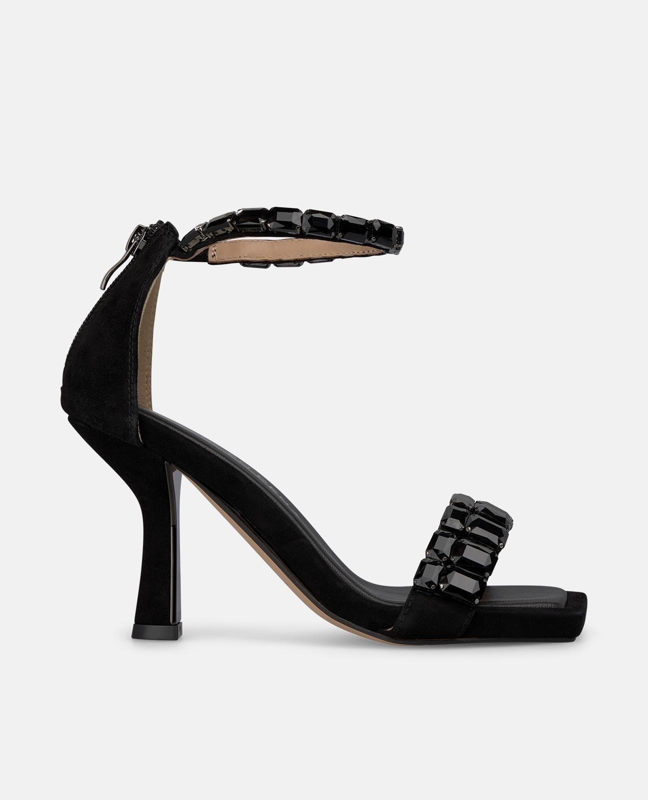 Sandalias de tacón de mujer con hebilla y tira de pedrería - Alma en Pena - Negro Negro-1