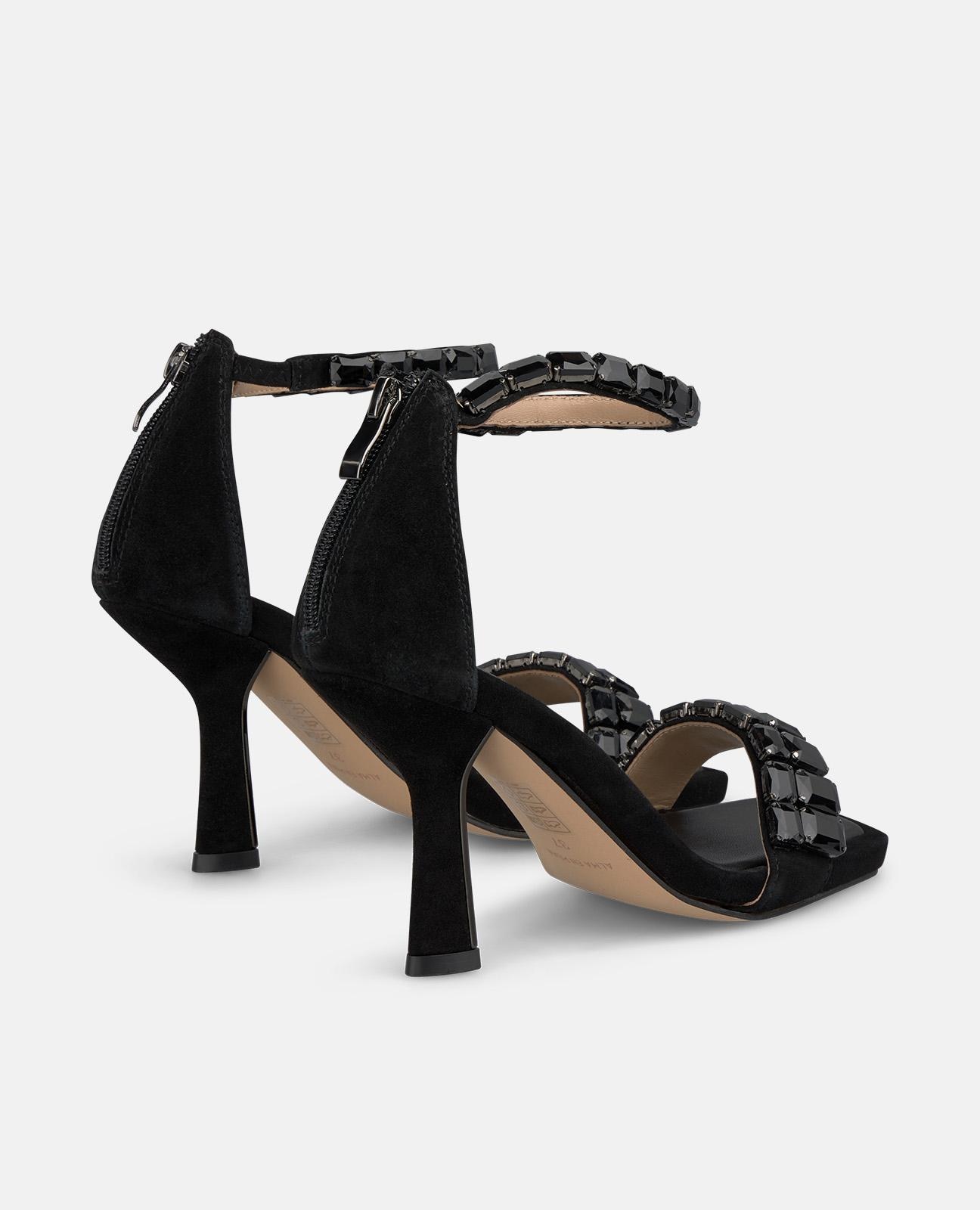 Sandalias de tacón de mujer con hebilla y tira de pedrería - Alma en Pena - Negro Negro-2