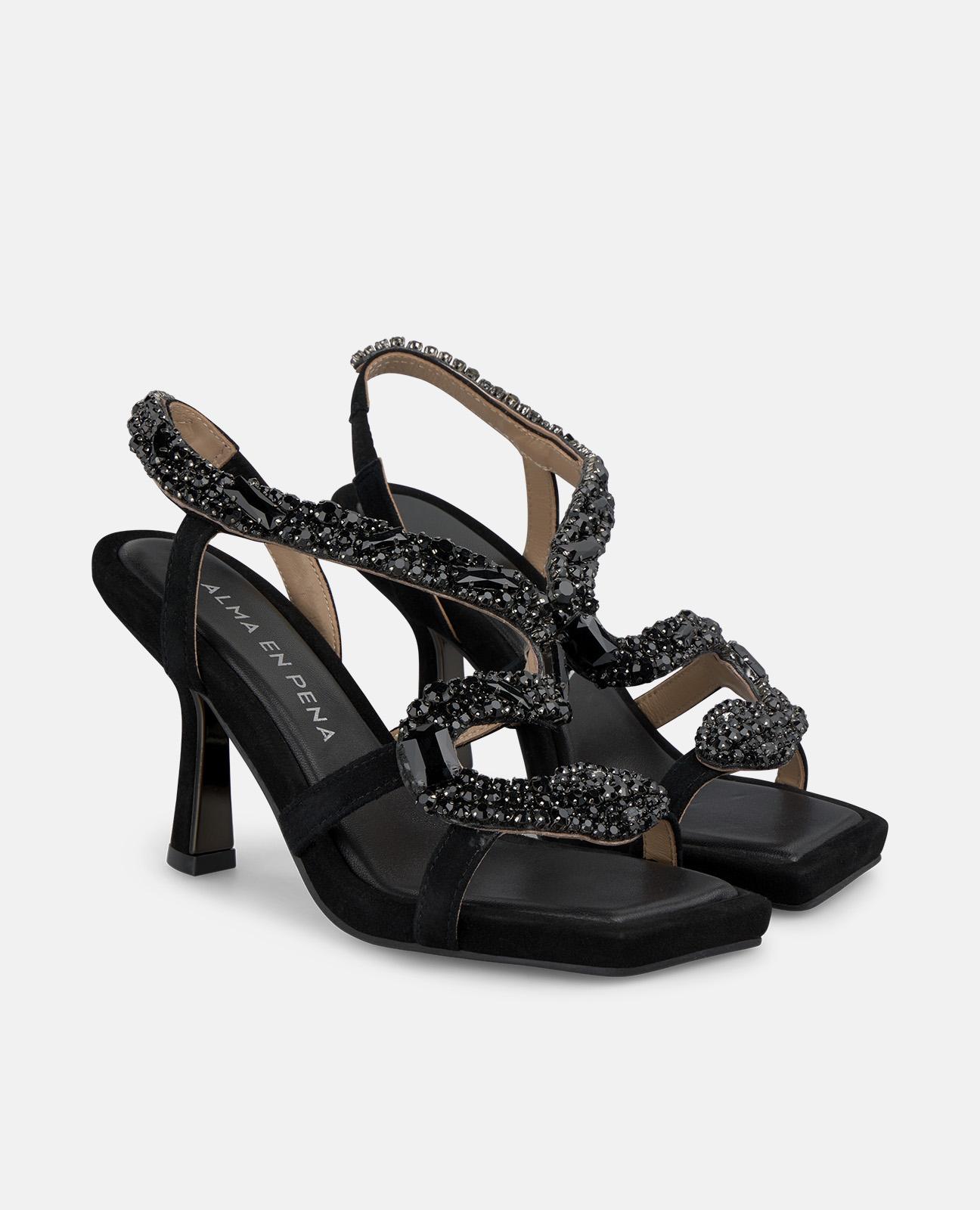 Sandalias de tacón de mujer con tira de pedrería en forma de serpiente - Alma en Pena - Negro Negro-3