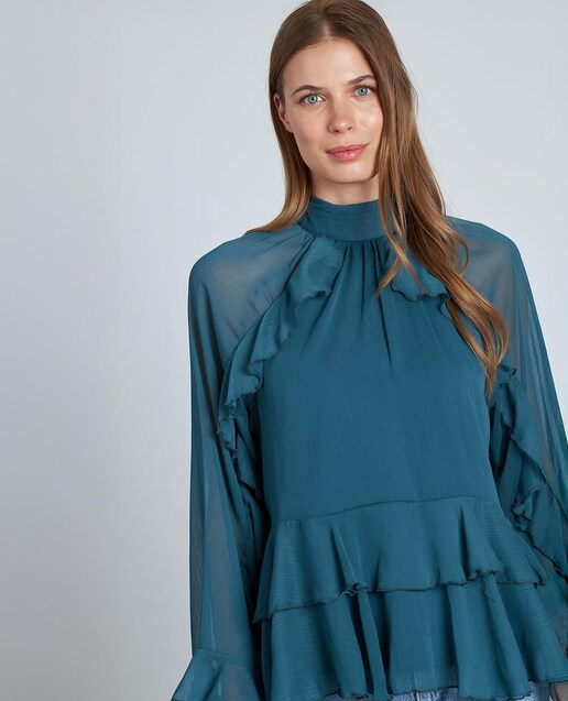 Imagen 0 de Blusa de mujer con volantes cuello alto y manga larga semitransparente