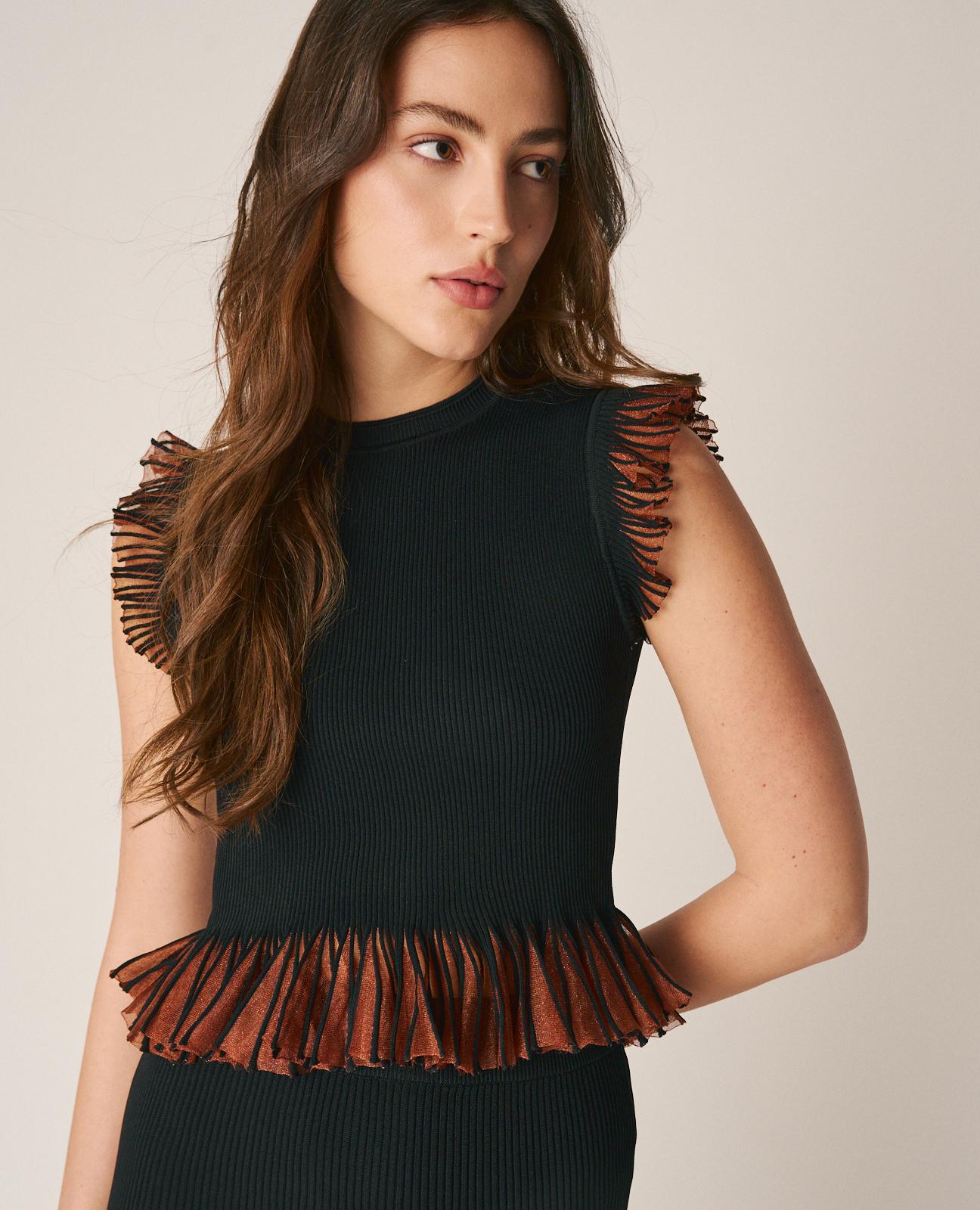 Top de mujer de punto ajustado con volantes y tejido metalizado - Alma en Pena - Negro Negro-5