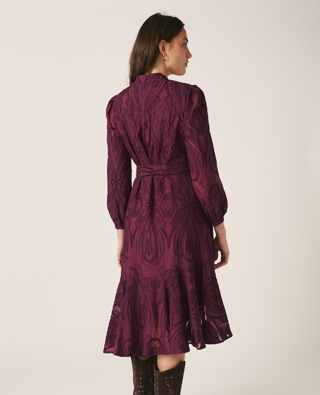Imagen 7 de Vestido midi en jacquard con lazo en cintura - Alma en Pena - Morado Morado