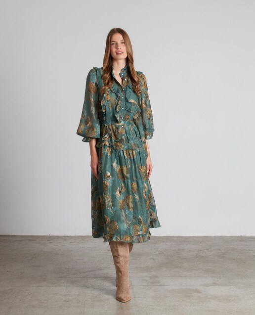 Imagen 0 de Vestido midi estampado de flores con volantes y con lazo anudado al cuello