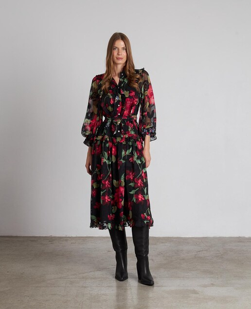 Imagen 0 de Vestido midi estampado de flores con volantes y con lazo anudado al cuello