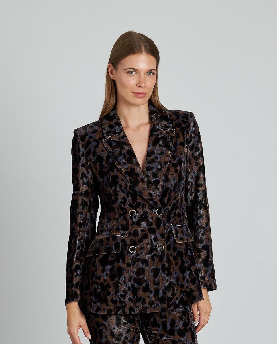 Blazer de mujer estampada en terciopelo y bolsillos delanteros