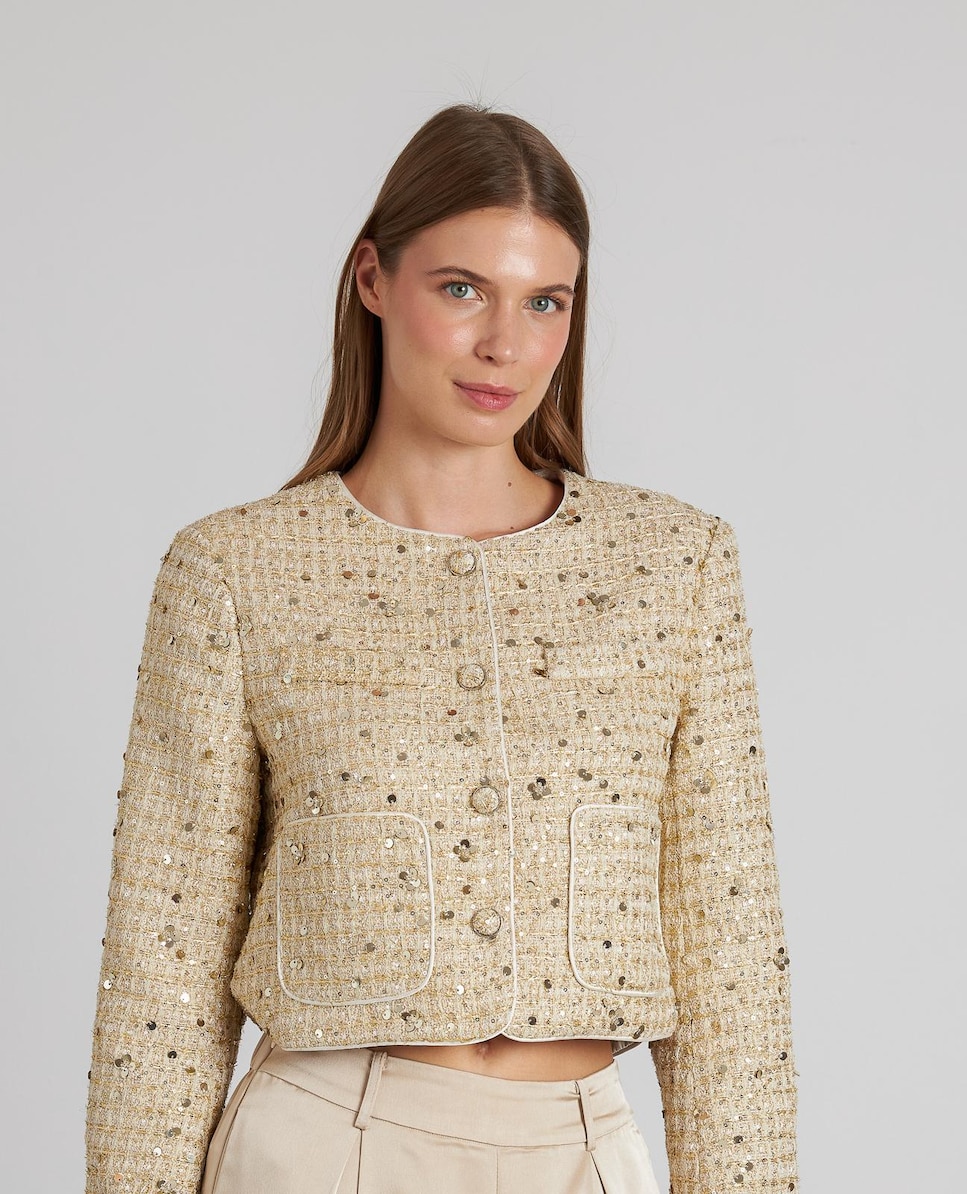 Chaqueta de mujer de punto con detalles de lentejuelas y cierre