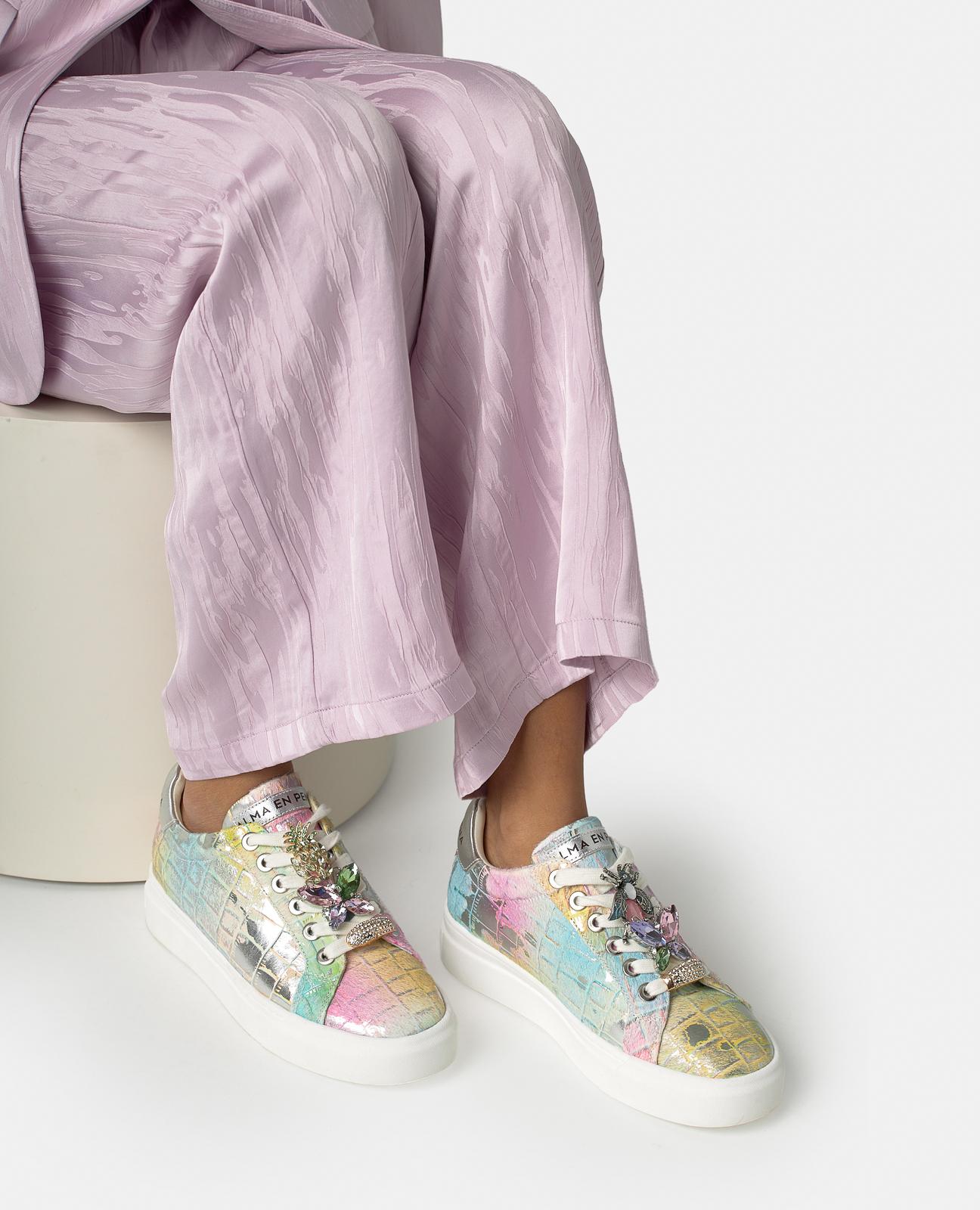 Zapatillas deportivas de mujer de piel efecto fantasia con cordones - Alma en Pena - Multicolor Multicolor-2