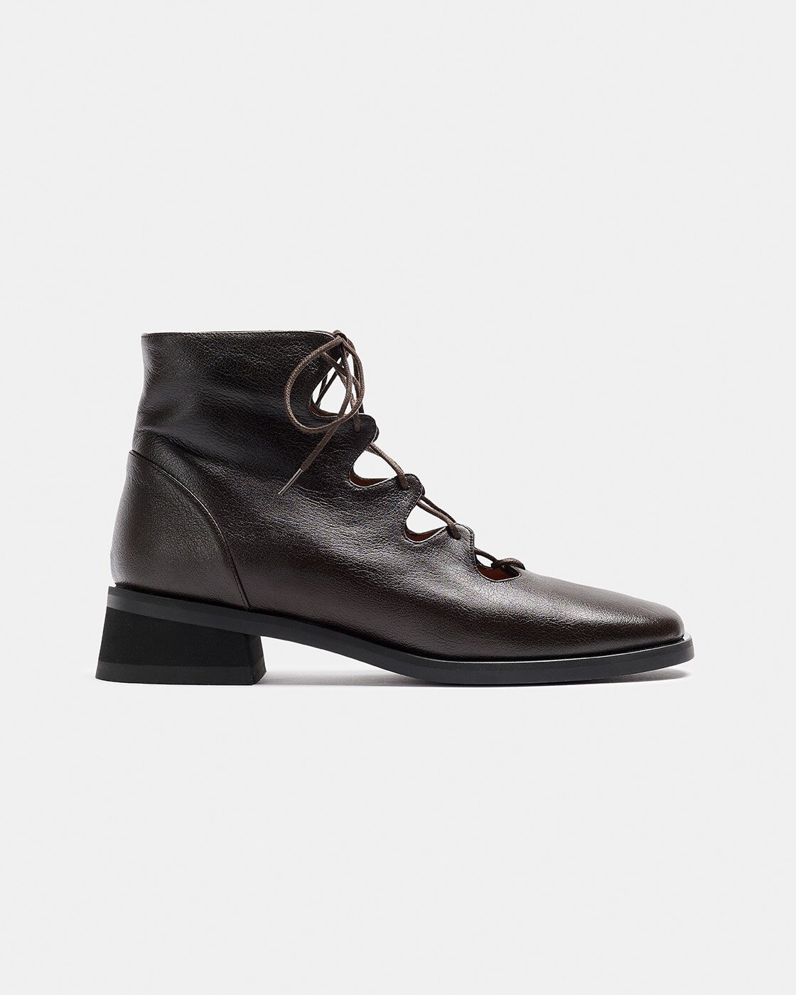 Botines de tacón y caña baja de mujer, de piel y cierre con cordones - Naguisa - Marrón oscuro Marrón oscuro-1