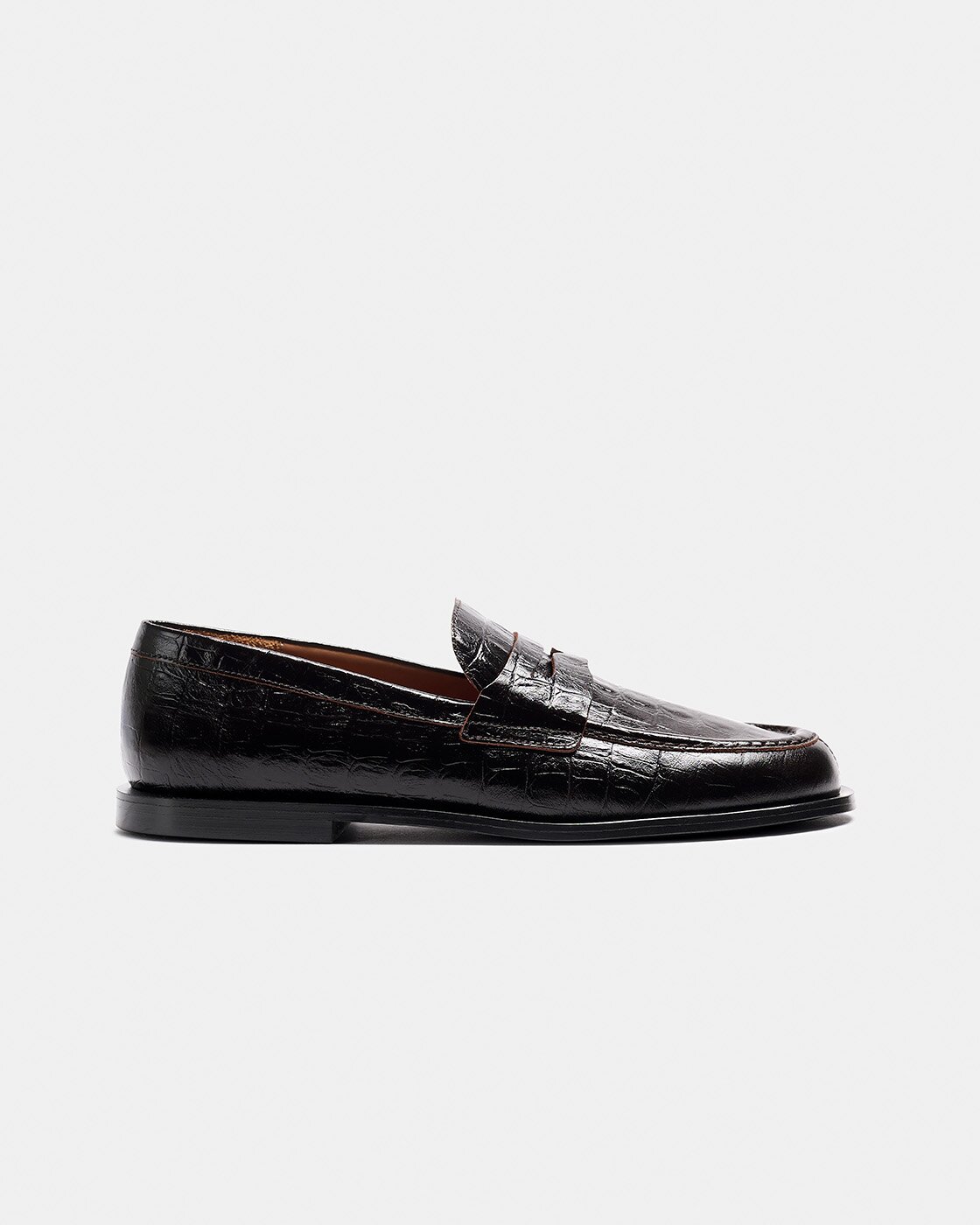 Zapato plano de mujer tipo mocasín de piel con acabado charol y grabado coco - Naguisa - Marrón oscuro Marrón oscuro-1