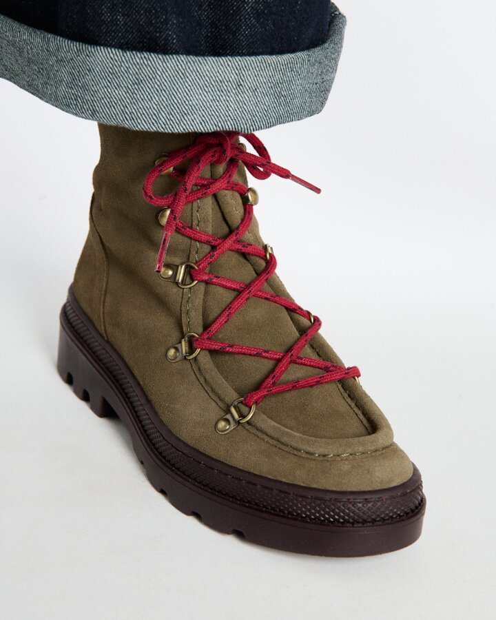 Botines con suela track tipo wallabee de caña baja de mujer, de piel serraje con cordones y suela track - Naguisa - Verde Oliva Verde Oliva-4