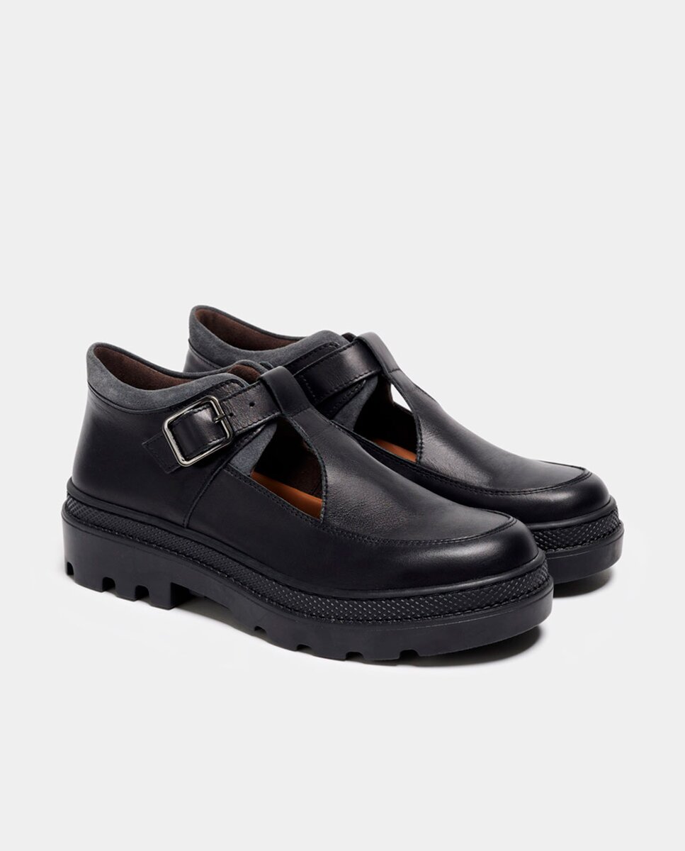 Botines con suela track de mujer con tira en tde piel y serraje con hebilla y suela track - Naguisa - Negro Negro-3