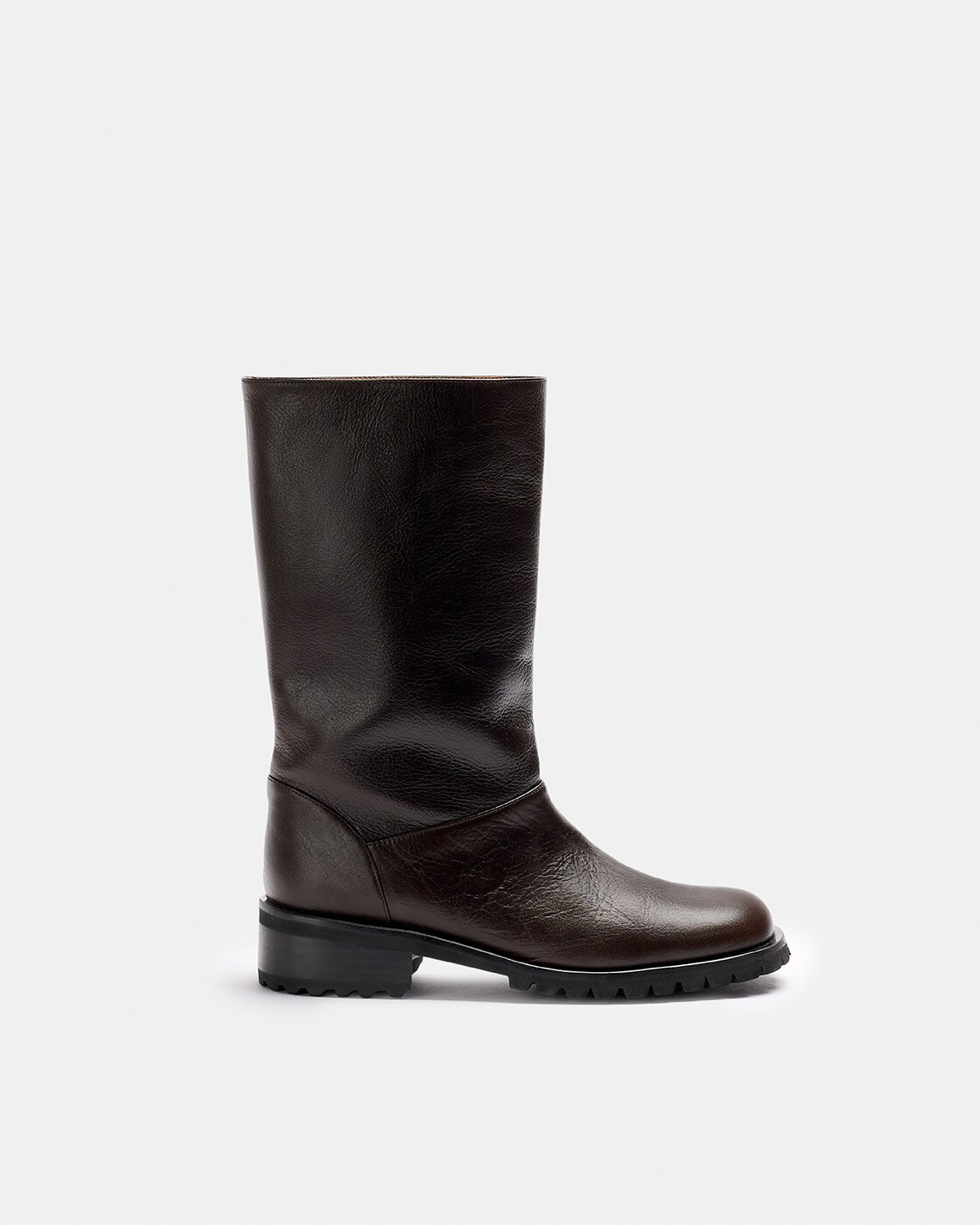 Bota de piel de caña ancha a media pierna de mujer y suela track - Naguisa - Marrón oscuro Marrón oscuro-1