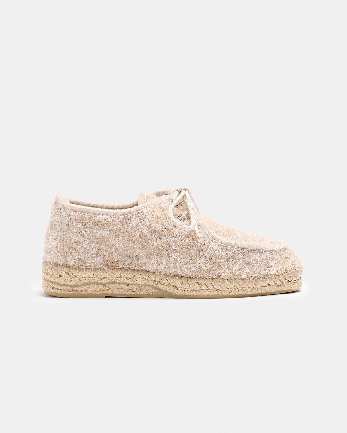 Zapato tipo wallabee de mujer de tejido efecto rizo con cierre de cordones y suela de yute natural con una pequeña cuña - Naguisa - Crudo Crudo-1
