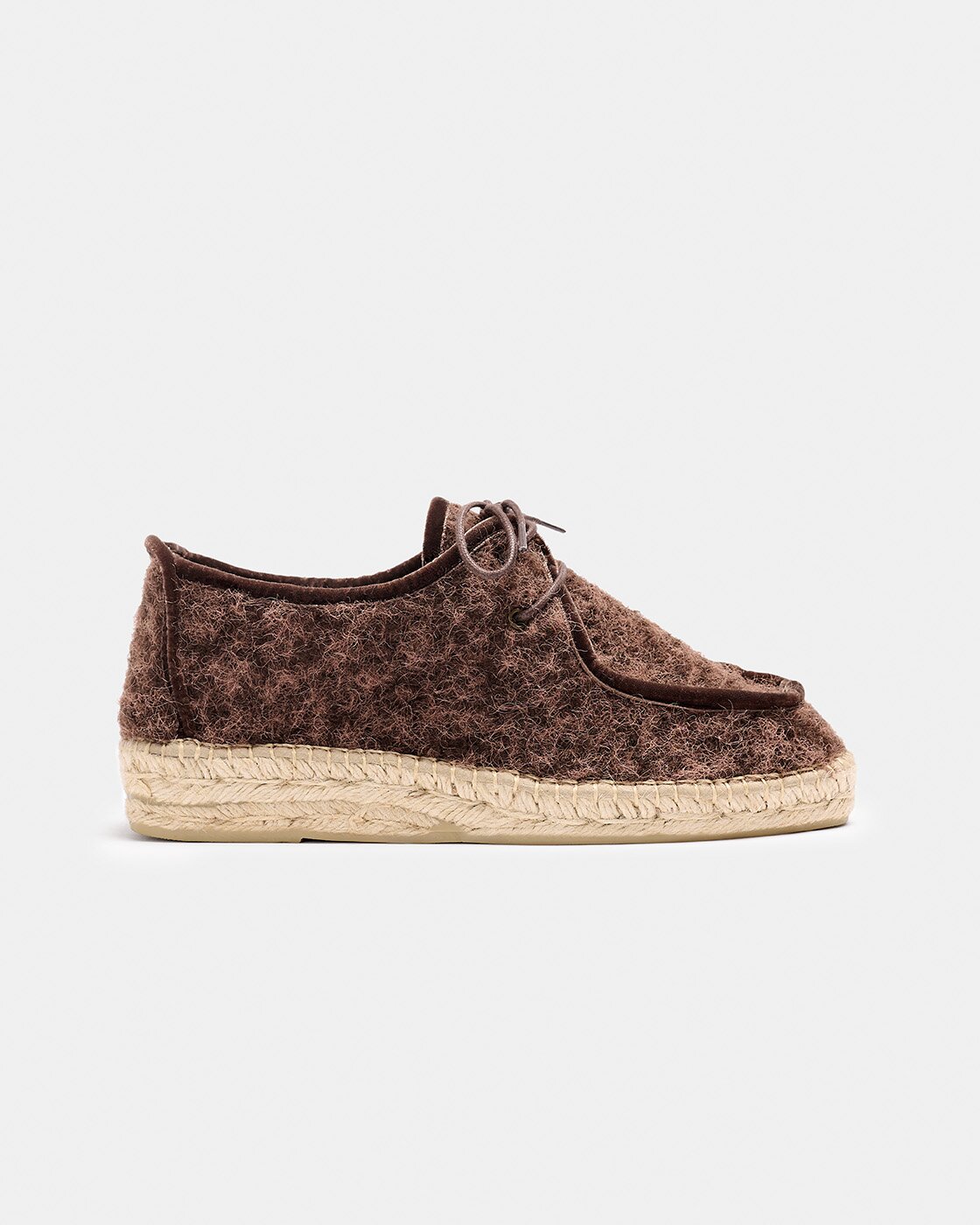 Zapato tipo wallabee de mujer de tejido efecto rizo con cierre de cordones y suela de yute natural con una pequeña cuña - Naguisa - Marrón oscuro Marrón oscuro-1