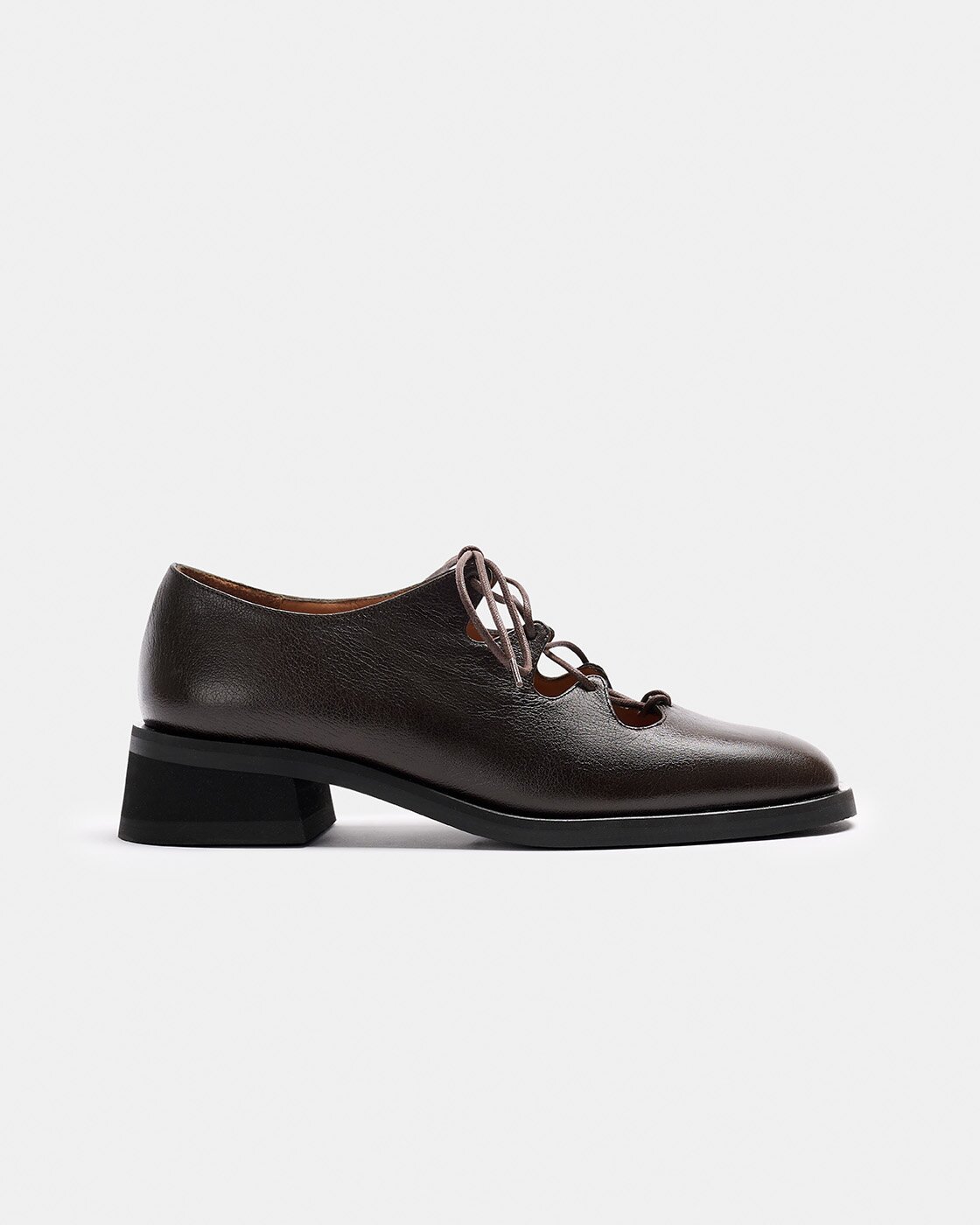 Zapato de piel abierto de mujer con cordones y tacón ancho - Naguisa - Marrón oscuro Marrón oscuro-1
