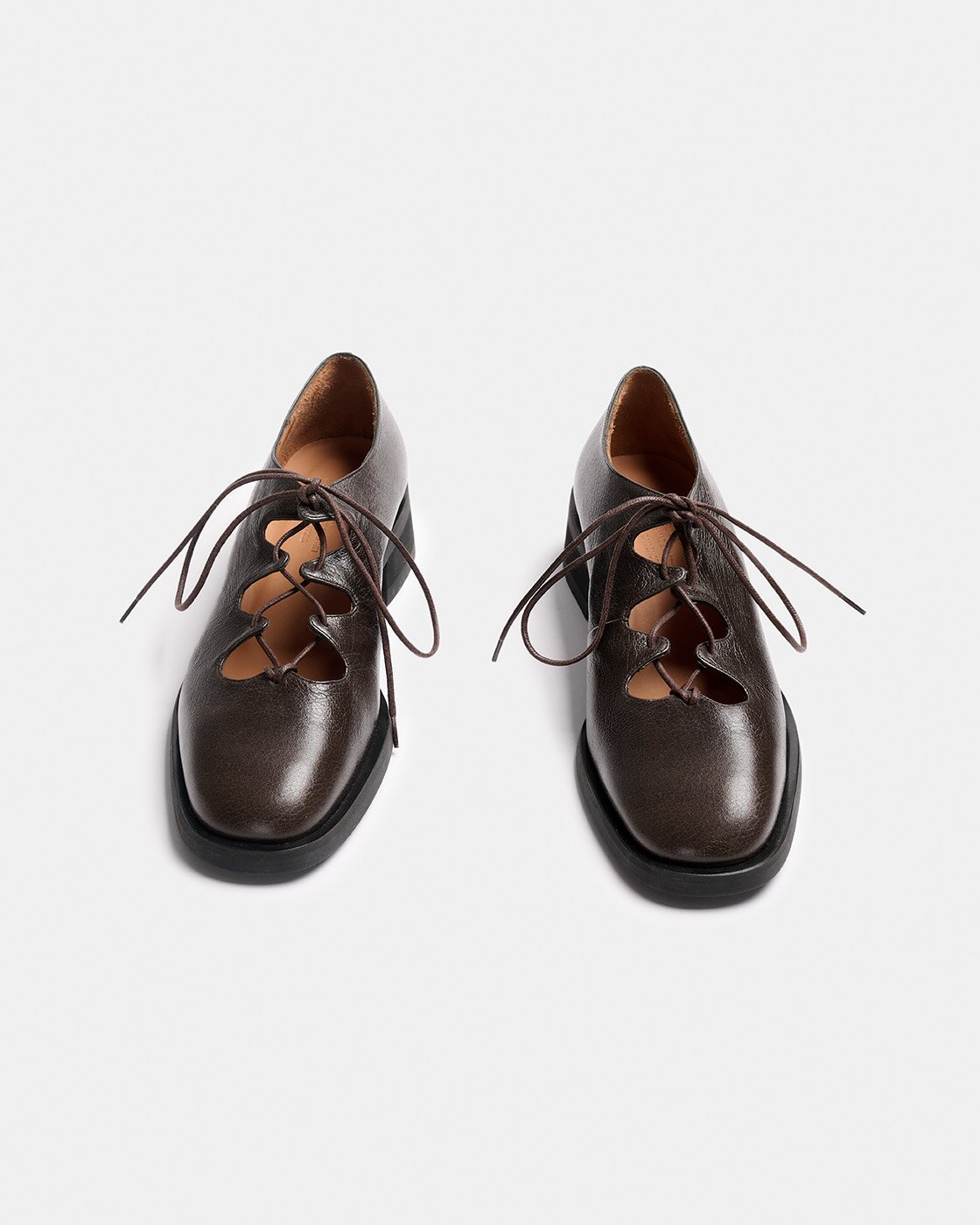 Zapato de piel abierto de mujer con cordones y tacón ancho - Naguisa - Marrón oscuro Marrón oscuro-2