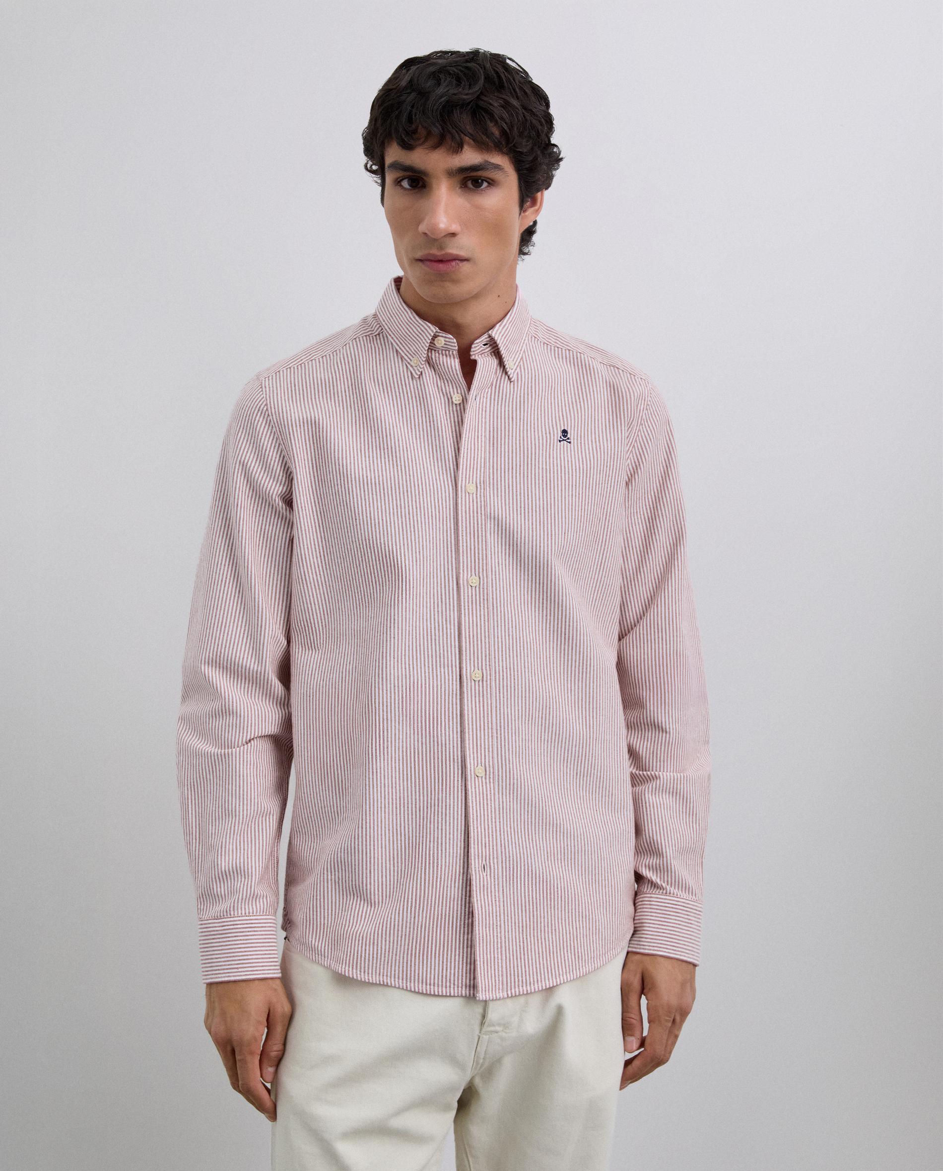 Camisa Oxford com Estampado Às Riscas e Caveira em Contraste no Peito Bordeaux-1