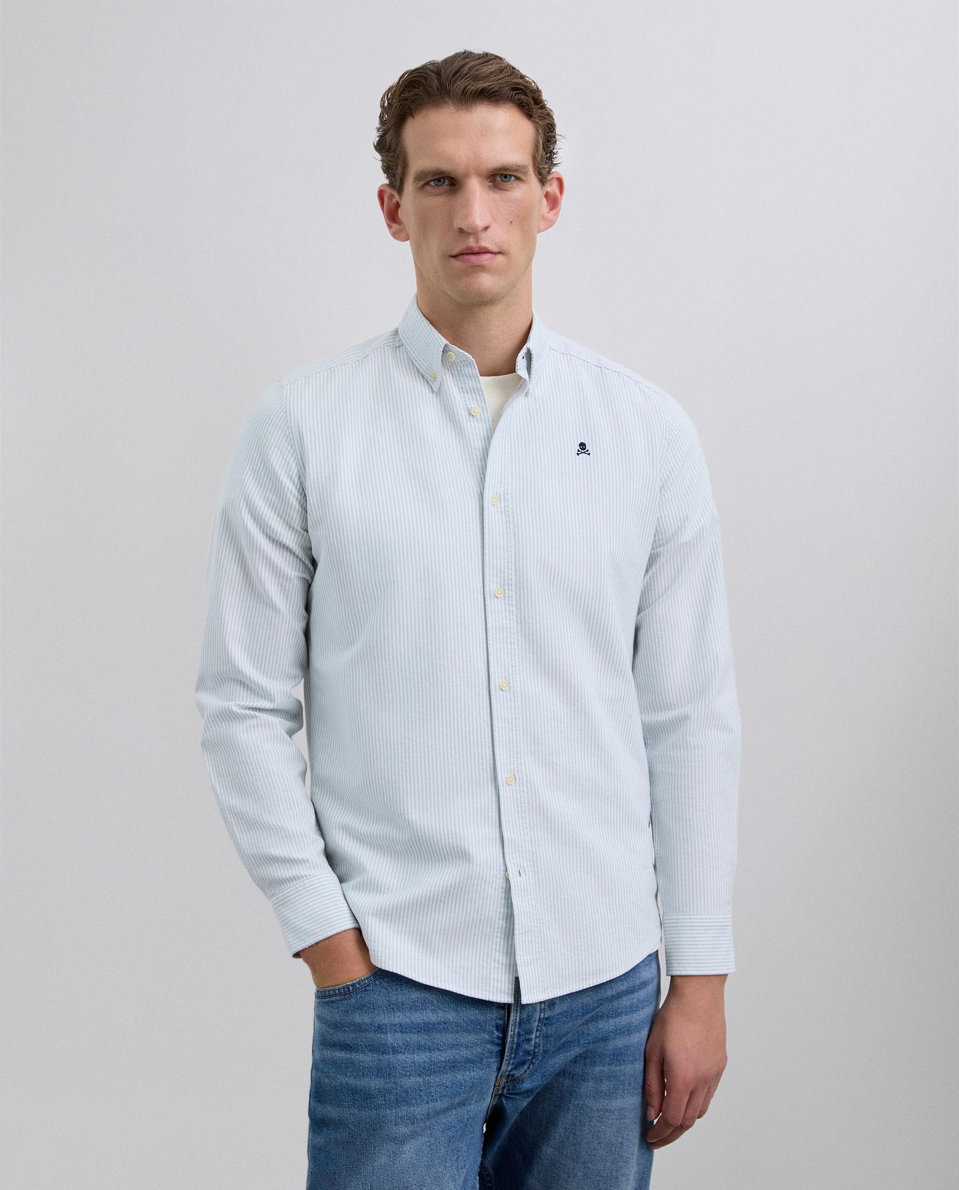 Camisa Oxford com Estampado Às Riscas e Caveira Bordada em Contraste no Peito Verde-claro-1
