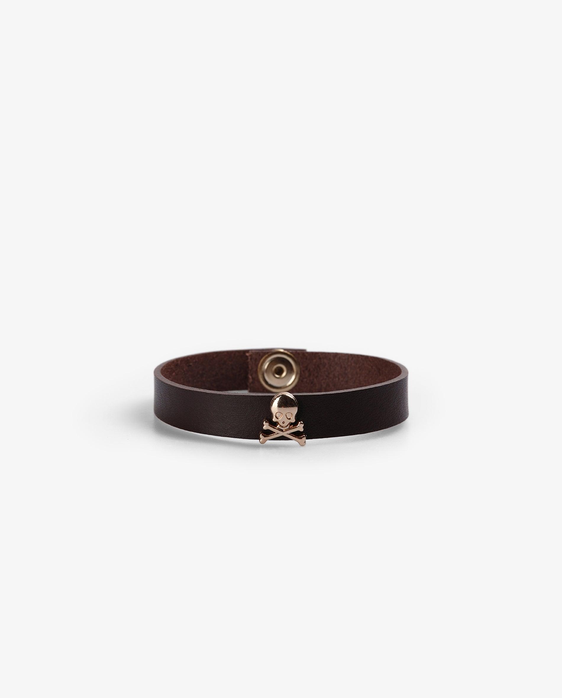 Pulsera de piel con calavera matálica - Scalpers - Marrón oscuro Marrón oscuro-1