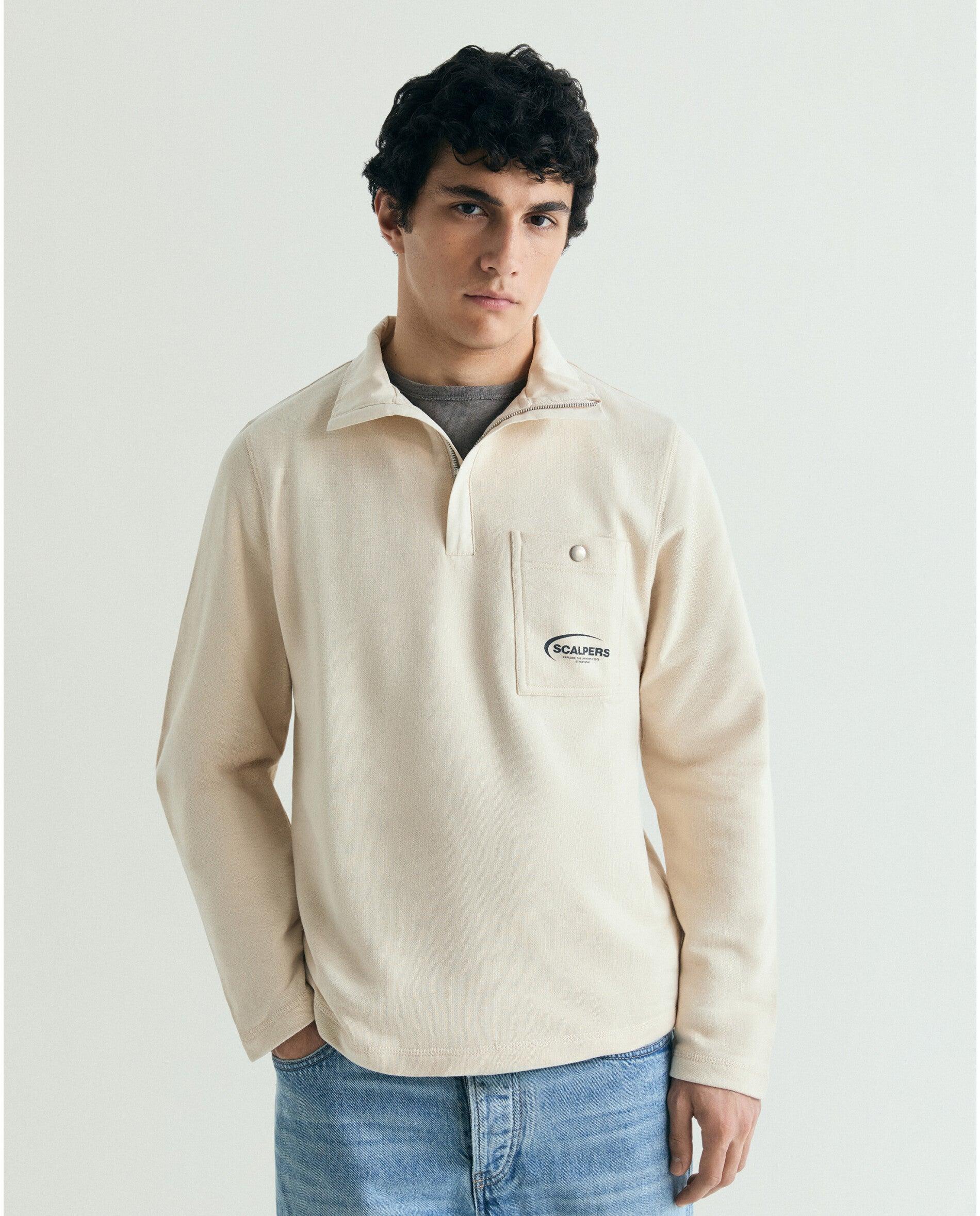 Sudadera de hombre con cuello polo y logo trasero - Scalpers - Beige Beige-1