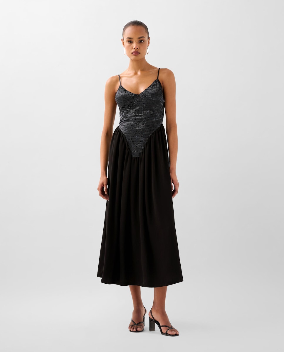 Vestido Mujer Vestido Negro Scalpers Vestido Midi Con Lentejuelas