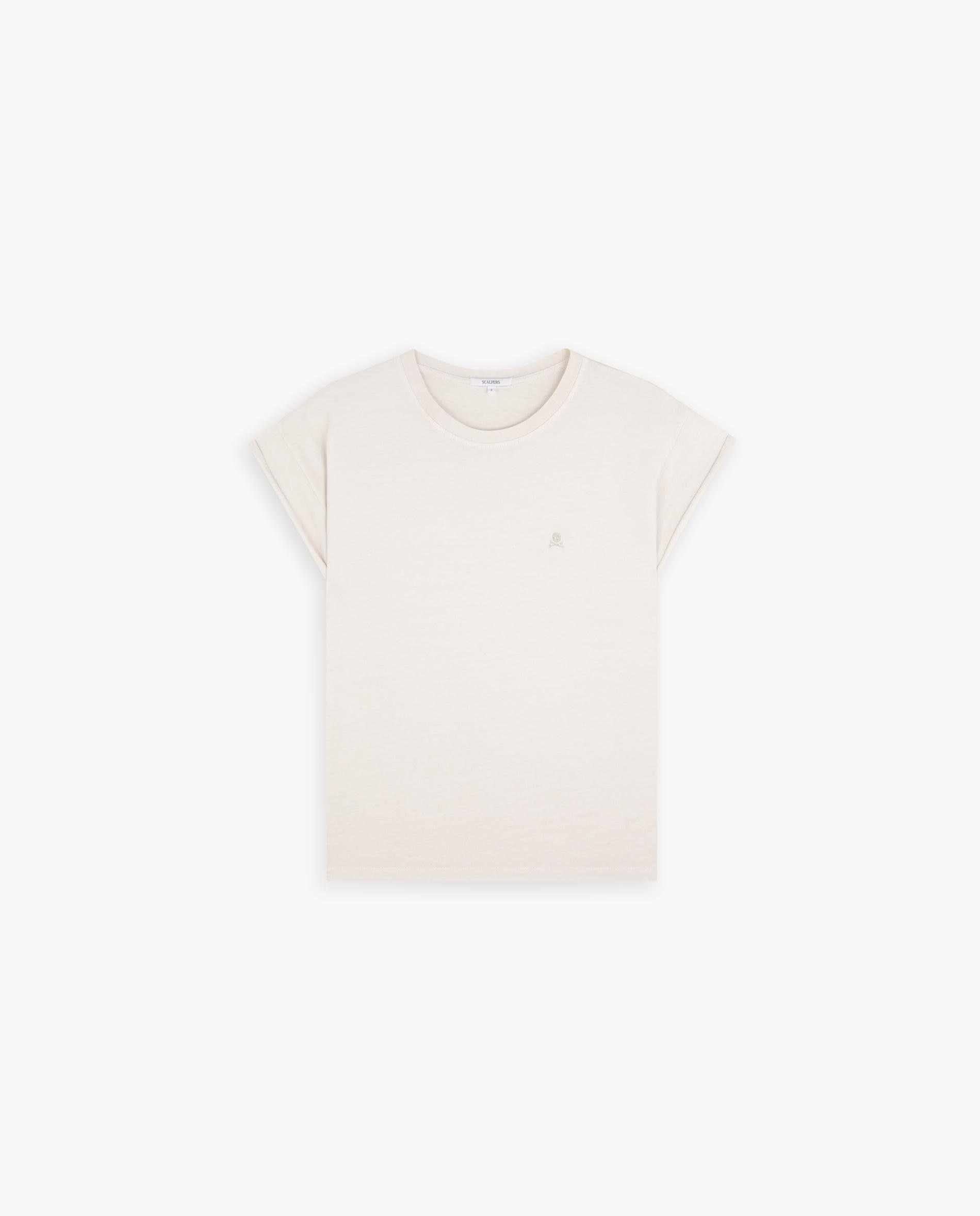 Scalpers - Camiseta de mujer básica de algodón con logo bordado.