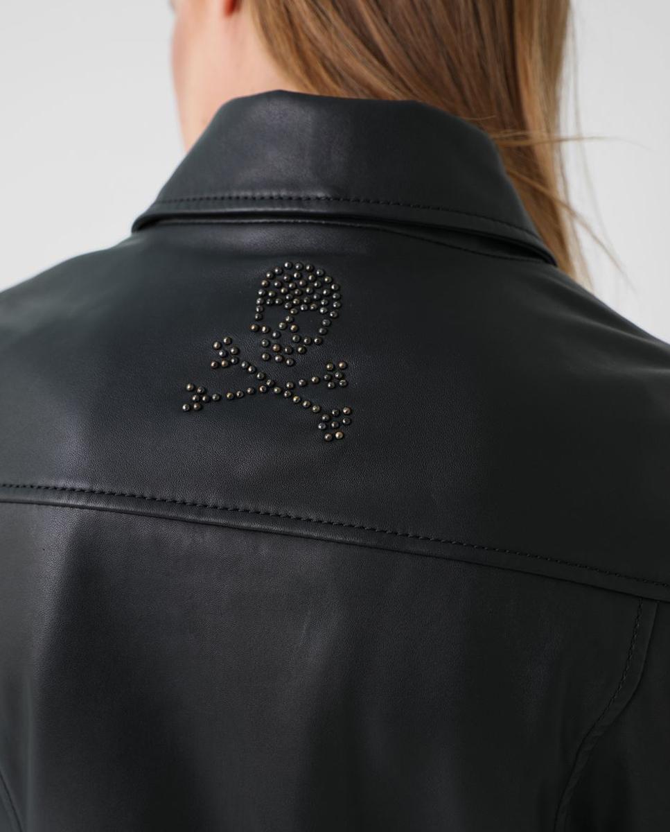 Cazadora de piel de mujer estilo biker con cremallera - Negro Negro-6