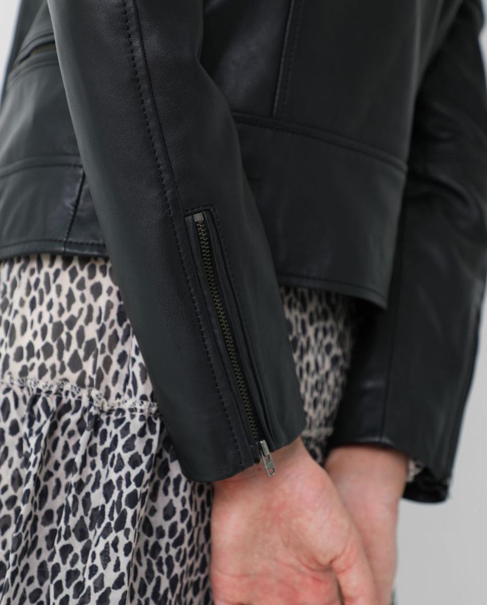 Cazadora de piel de mujer estilo biker con cremallera - Negro Negro-7