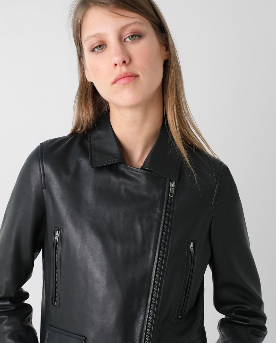 Cazadora de piel de mujer estilo biker con cremallera - Negro Negro-8