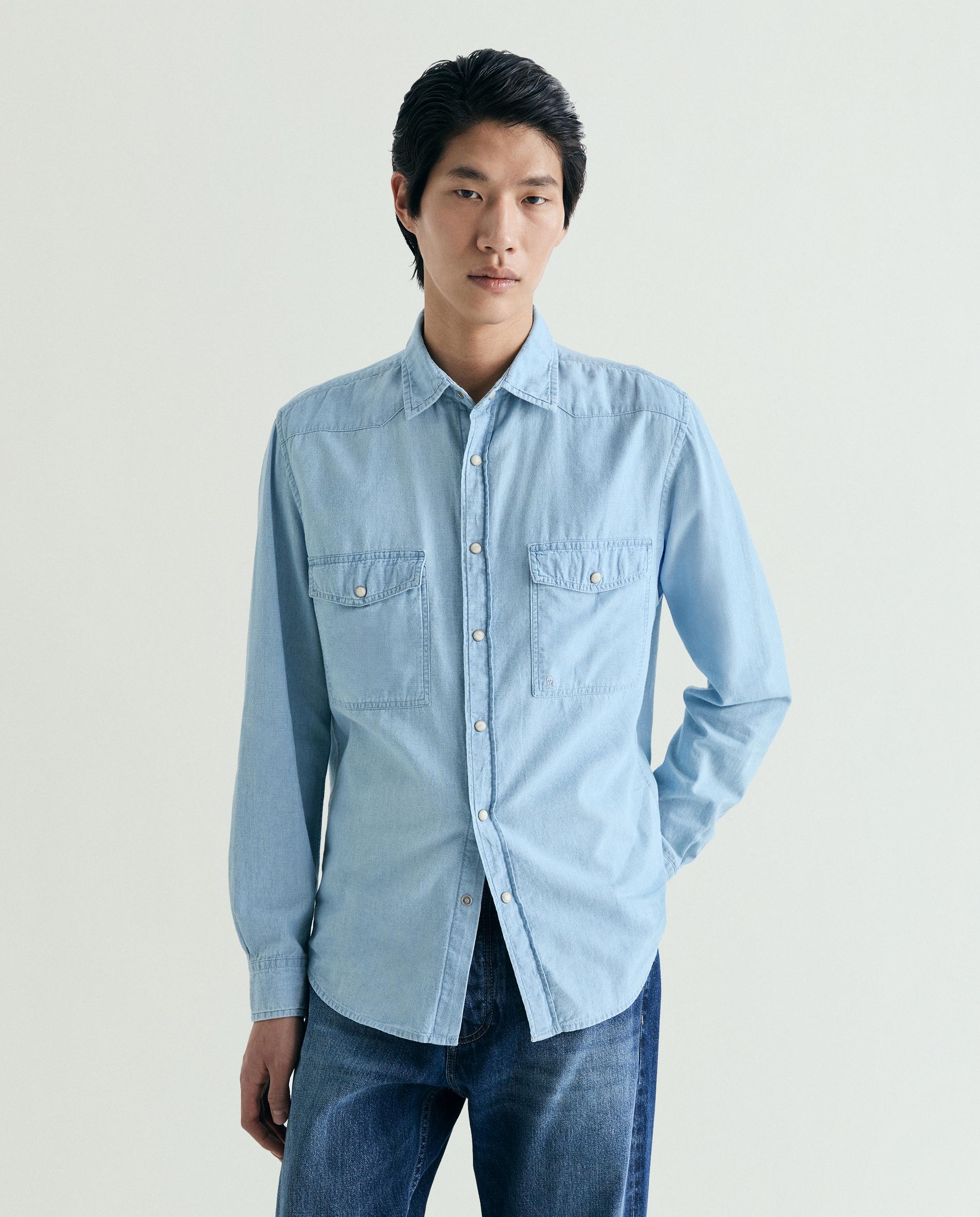 Scalpers - Camisa vaquera de hombre regular fit con botones automáticos.